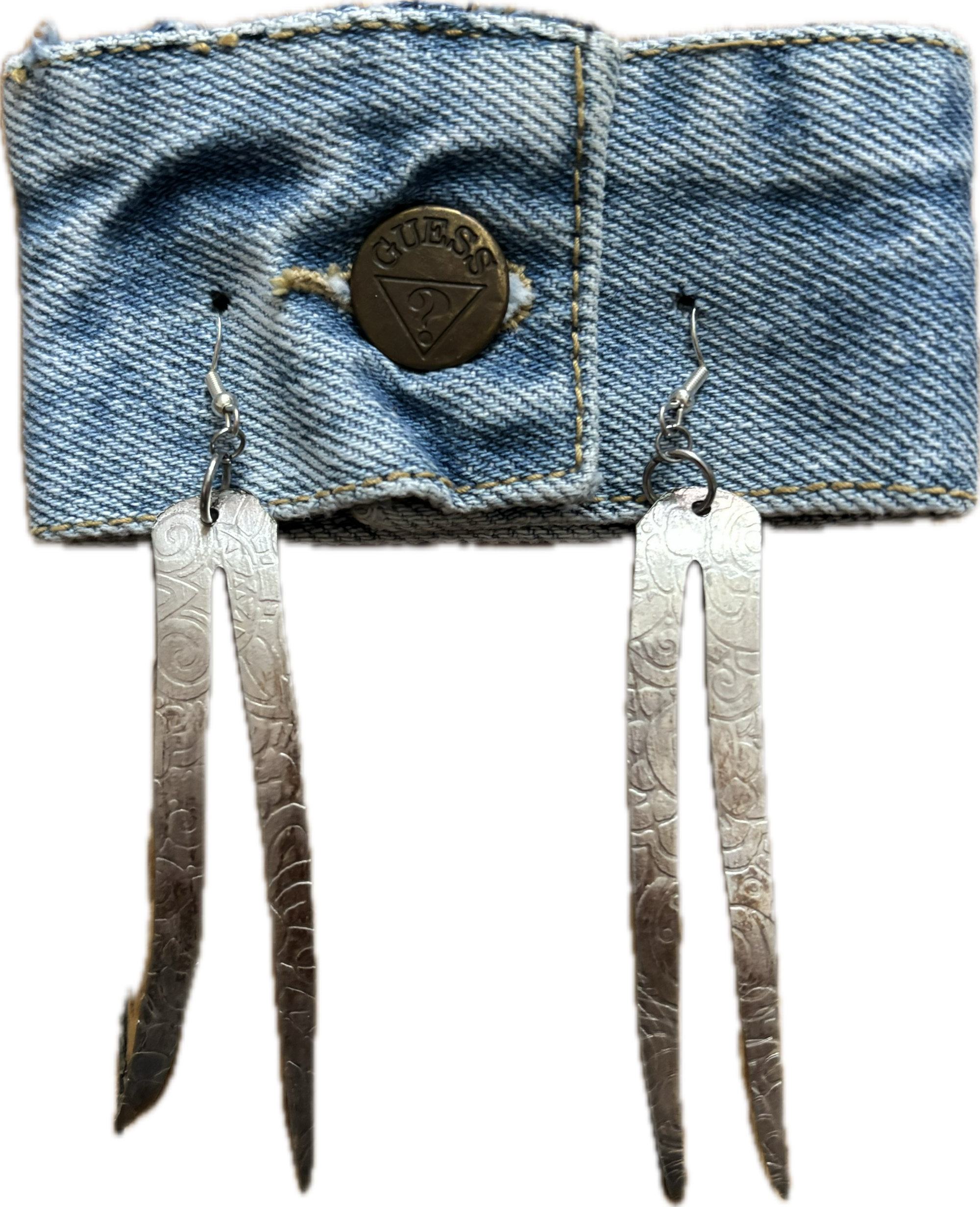 Long hammer printed fork tine earrings by New Plate, Who Dish?