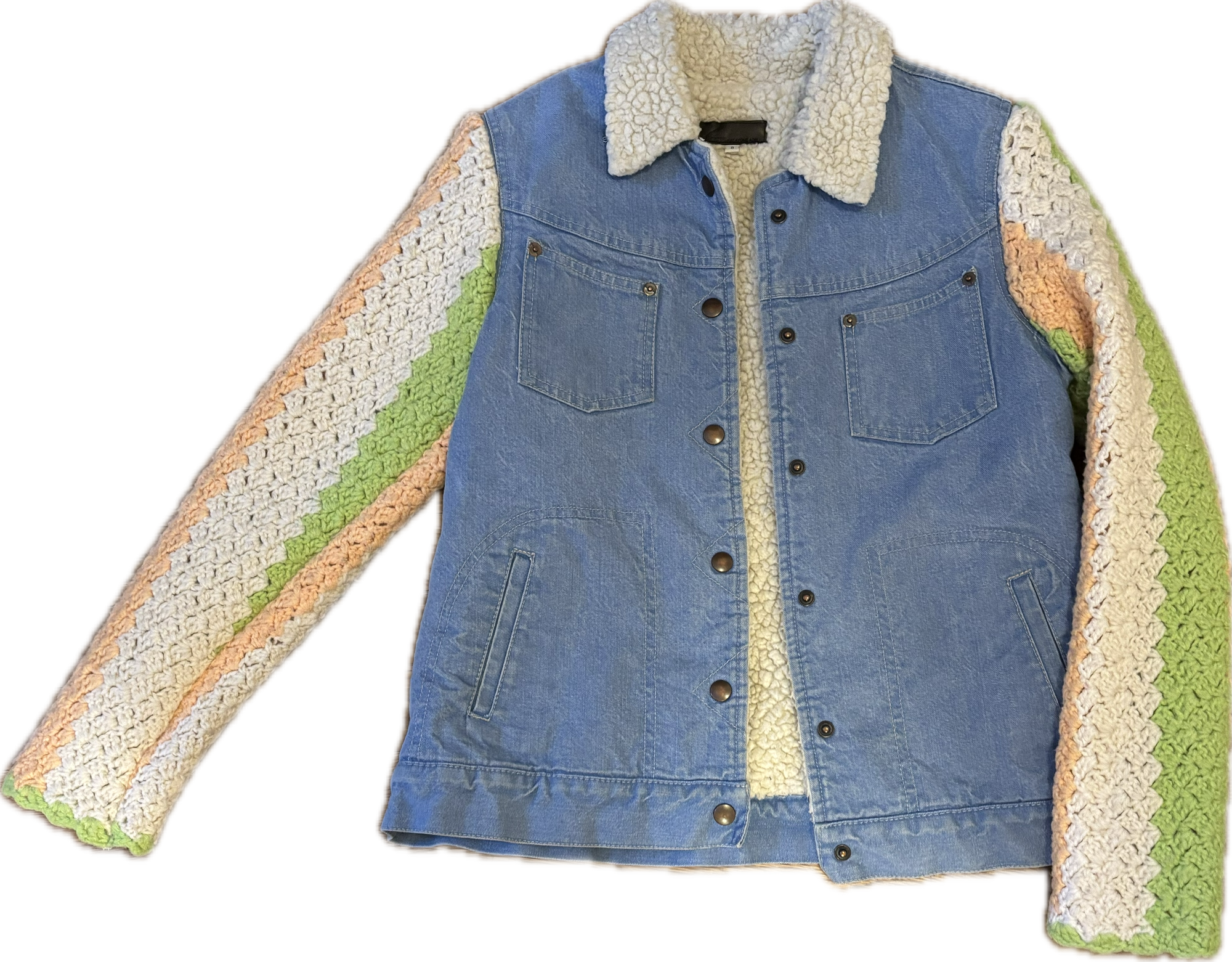 Yes Way, Crochet Denim and Shearling Jacket with Vintage Baby Blanket Sleeves