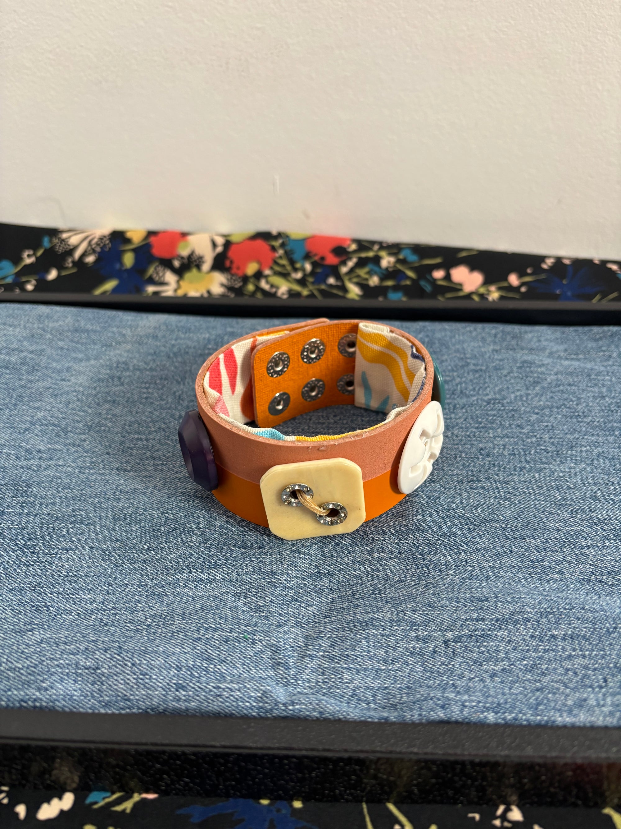 Vintage Button Cuff Bracelet on Vegan Leather