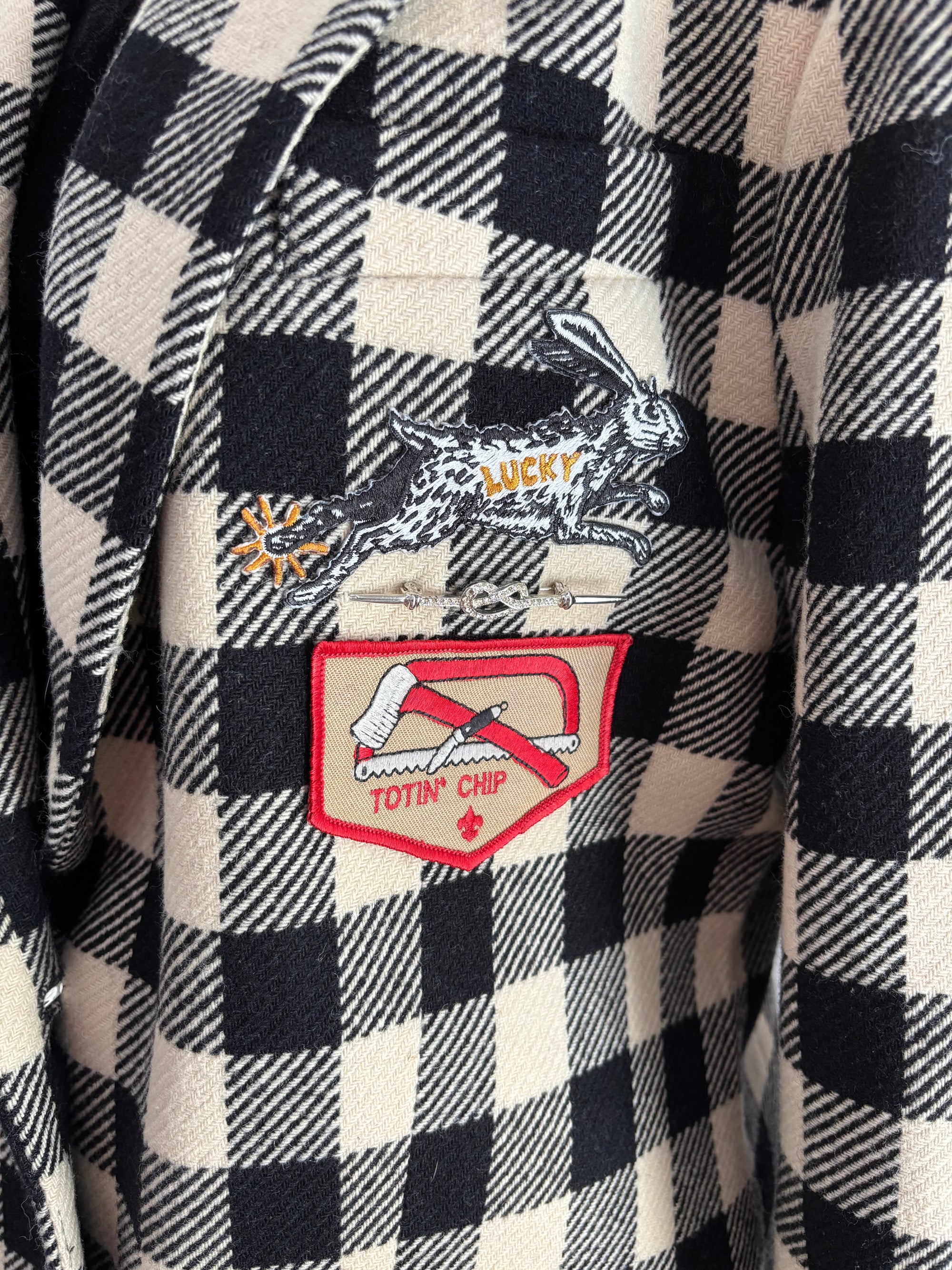 Houndstooth 1990s Blazer with Vintage Buttons Pins Patches