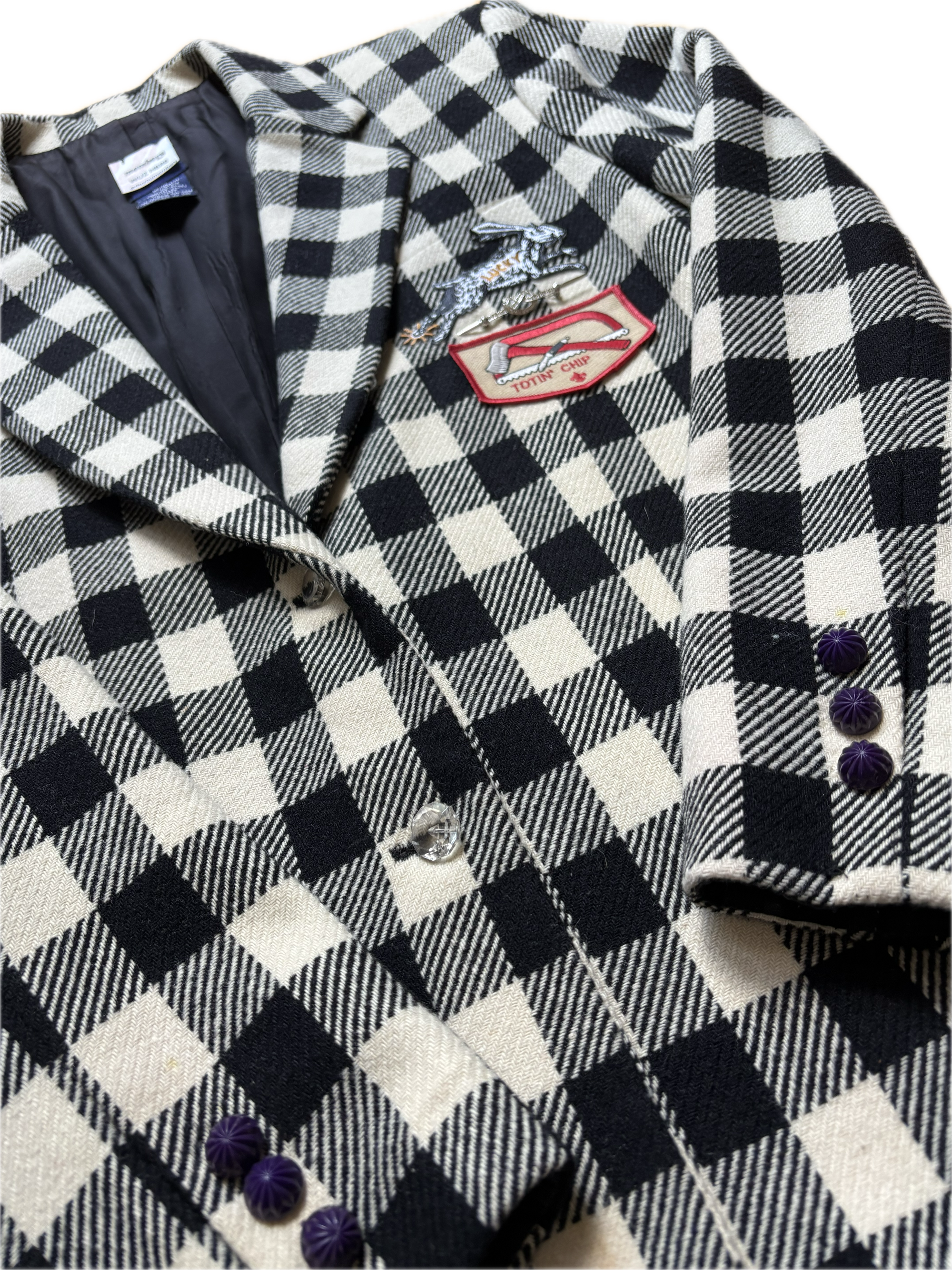 Houndstooth 1990s Blazer with Vintage Buttons Pins Patches