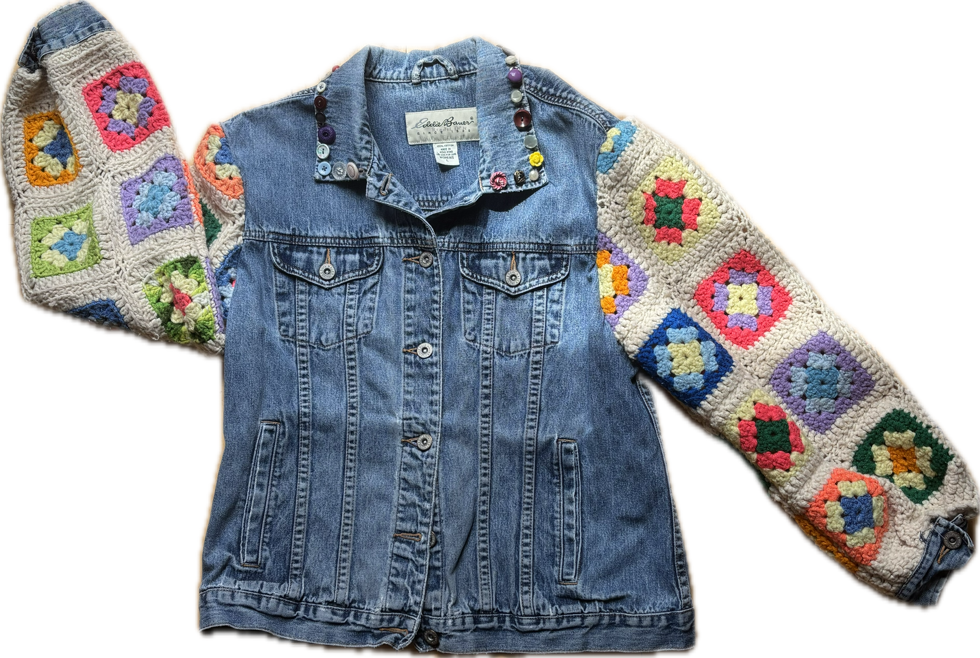 Yes Way, Crochet Denim Jacket in White with Vintage Button Collar