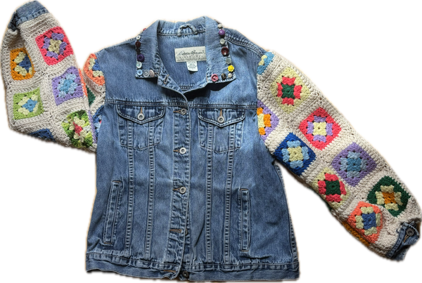 Yes Way, Crochet Denim Jacket in White with Vintage Button Collar