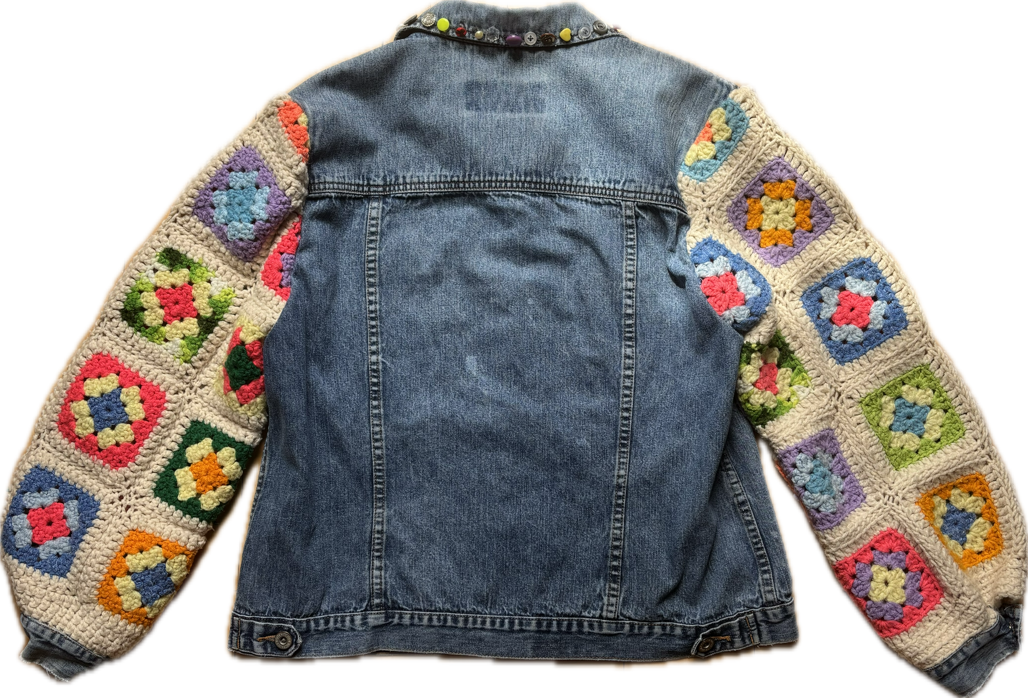Yes Way, Crochet Denim Jacket in White with Vintage Button Collar