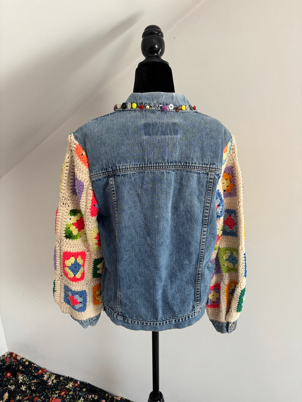Yes Way, Crochet Denim Jacket in White with Vintage Button Collar