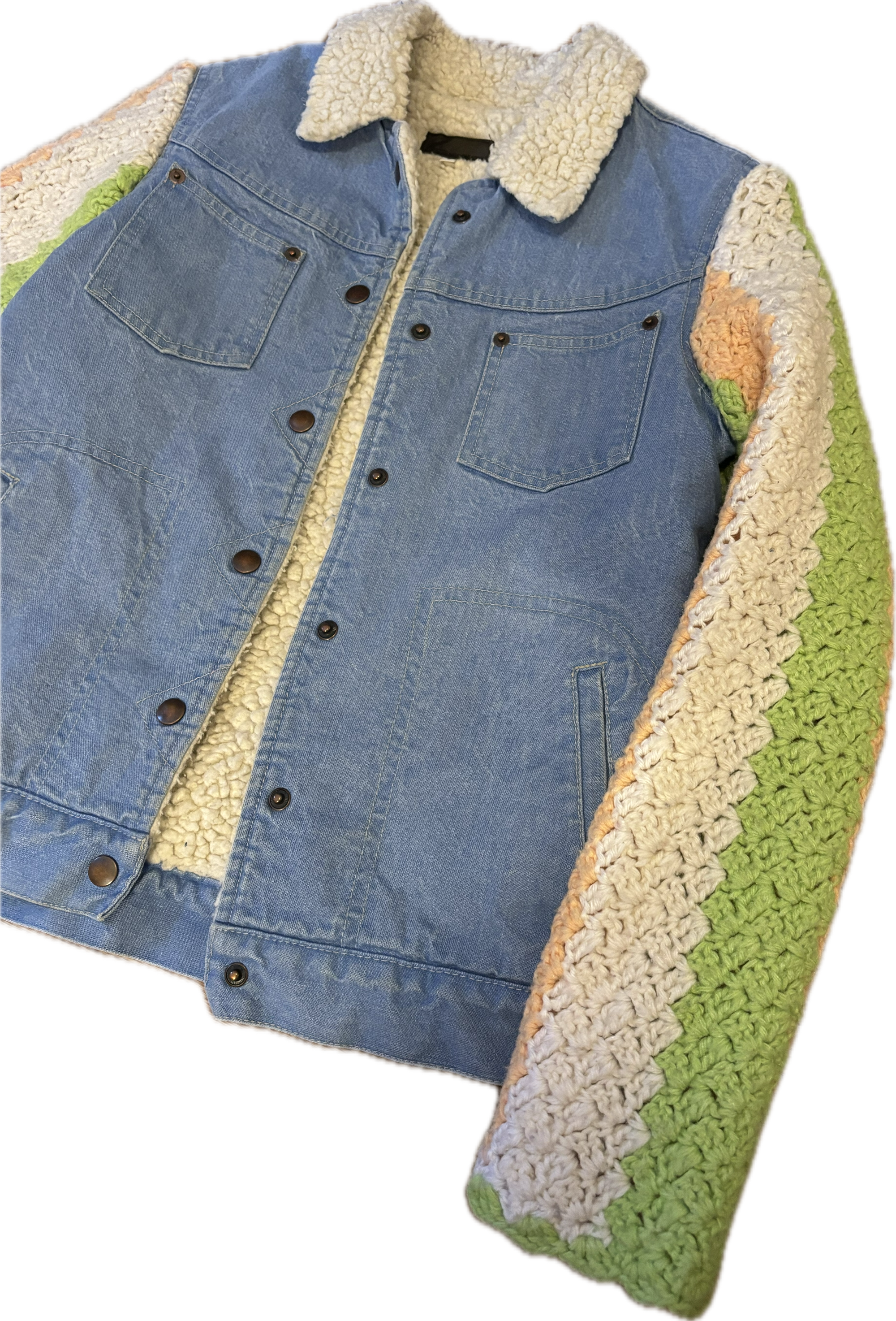 Yes Way, Crochet Denim and Shearling Jacket with Vintage Baby Blanket Sleeves