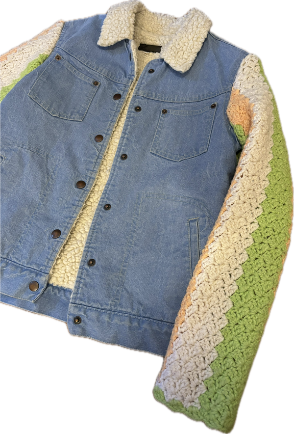 Yes Way, Crochet Denim and Shearling Jacket with Vintage Baby Blanket Sleeves