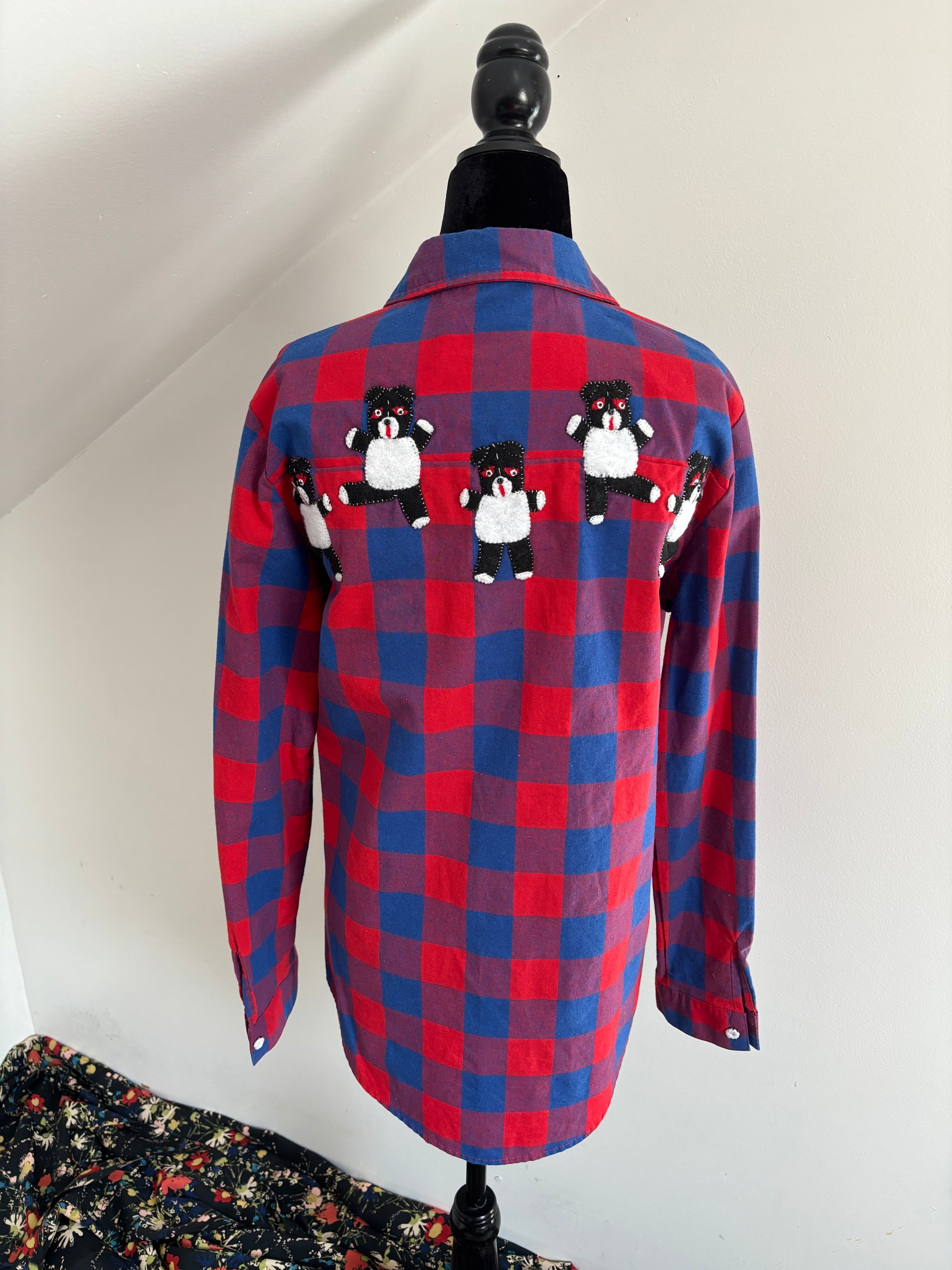 Blue and Red Plaid Dancing Bears Shirt by Cat Singh