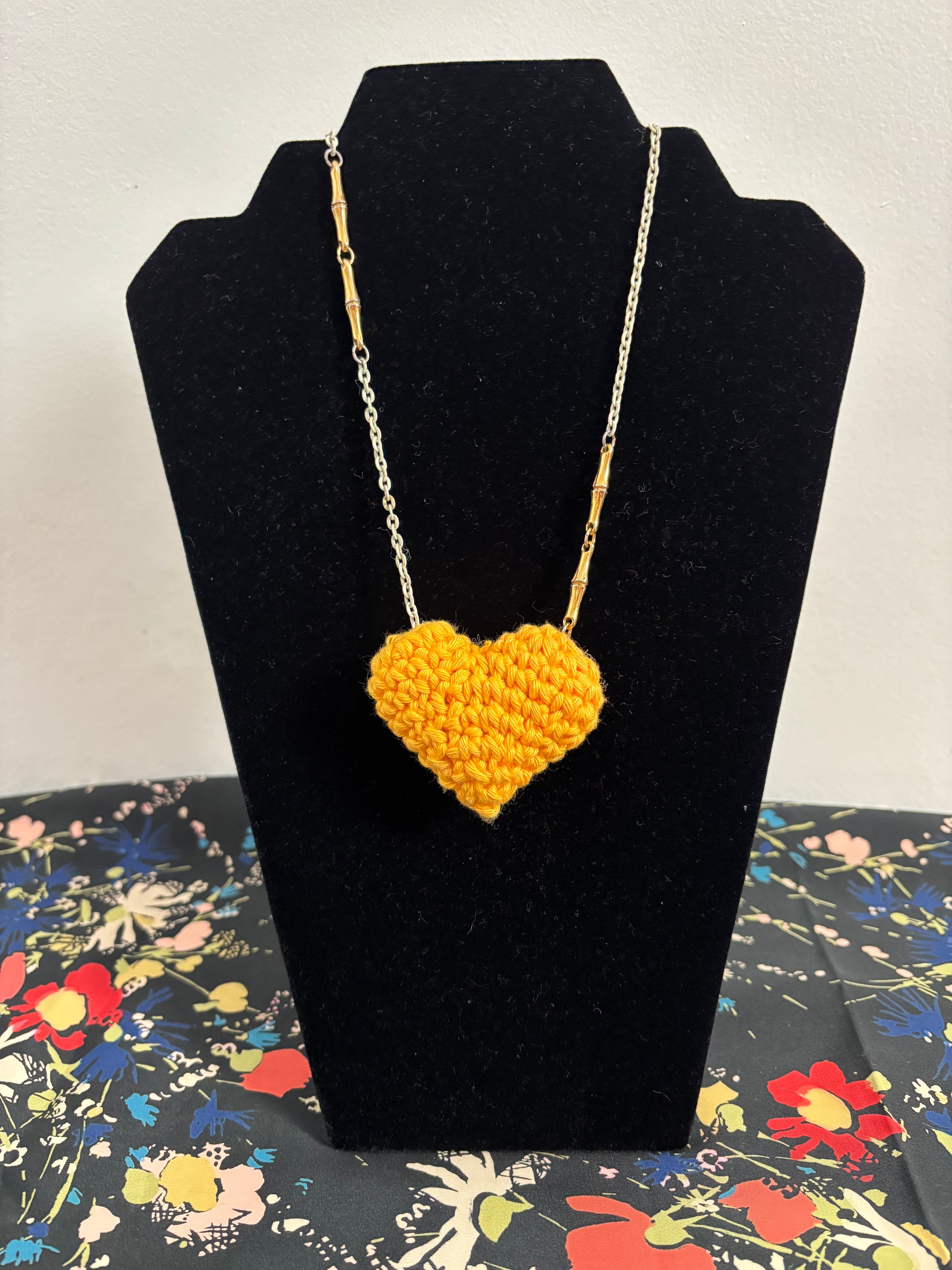 Yellow crochet heart upcycled necklace