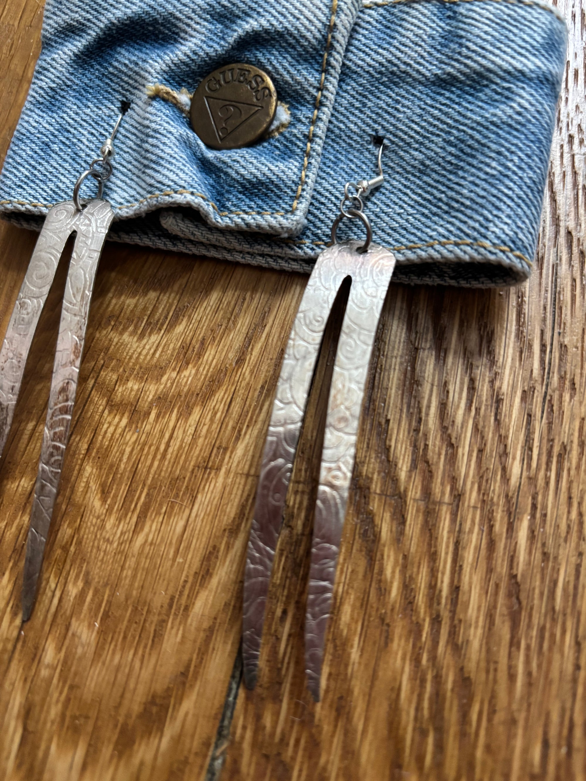 Long hammer printed fork tine earrings by New Plate, Who Dish?