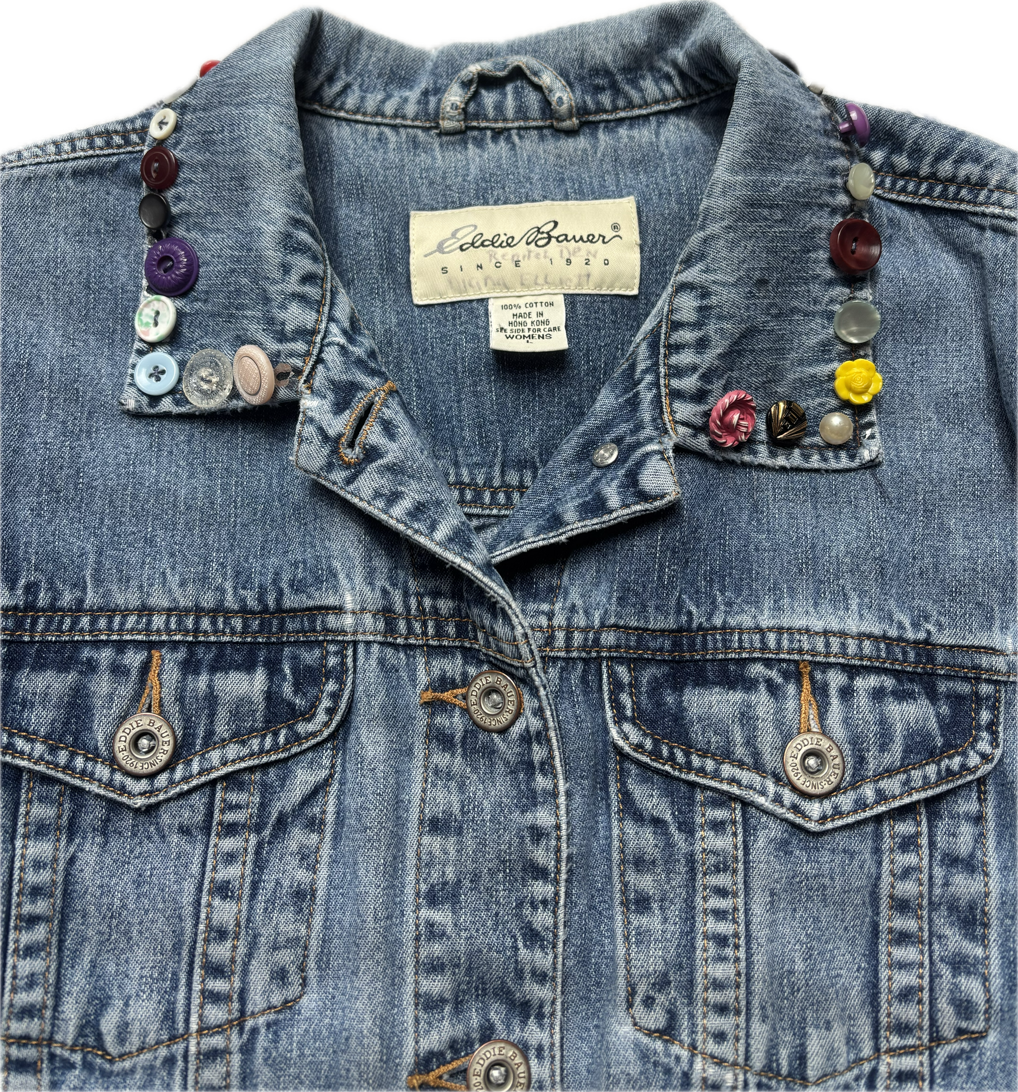Yes Way, Crochet Denim Jacket in White with Vintage Button Collar