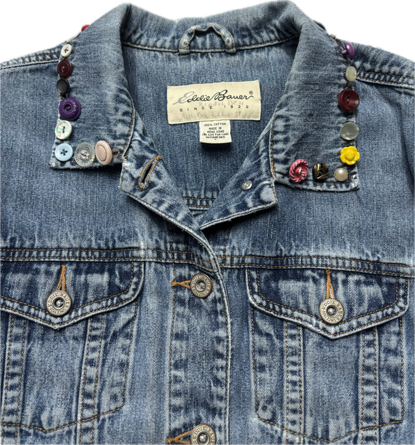 Yes Way, Crochet Denim Jacket in White with Vintage Button Collar