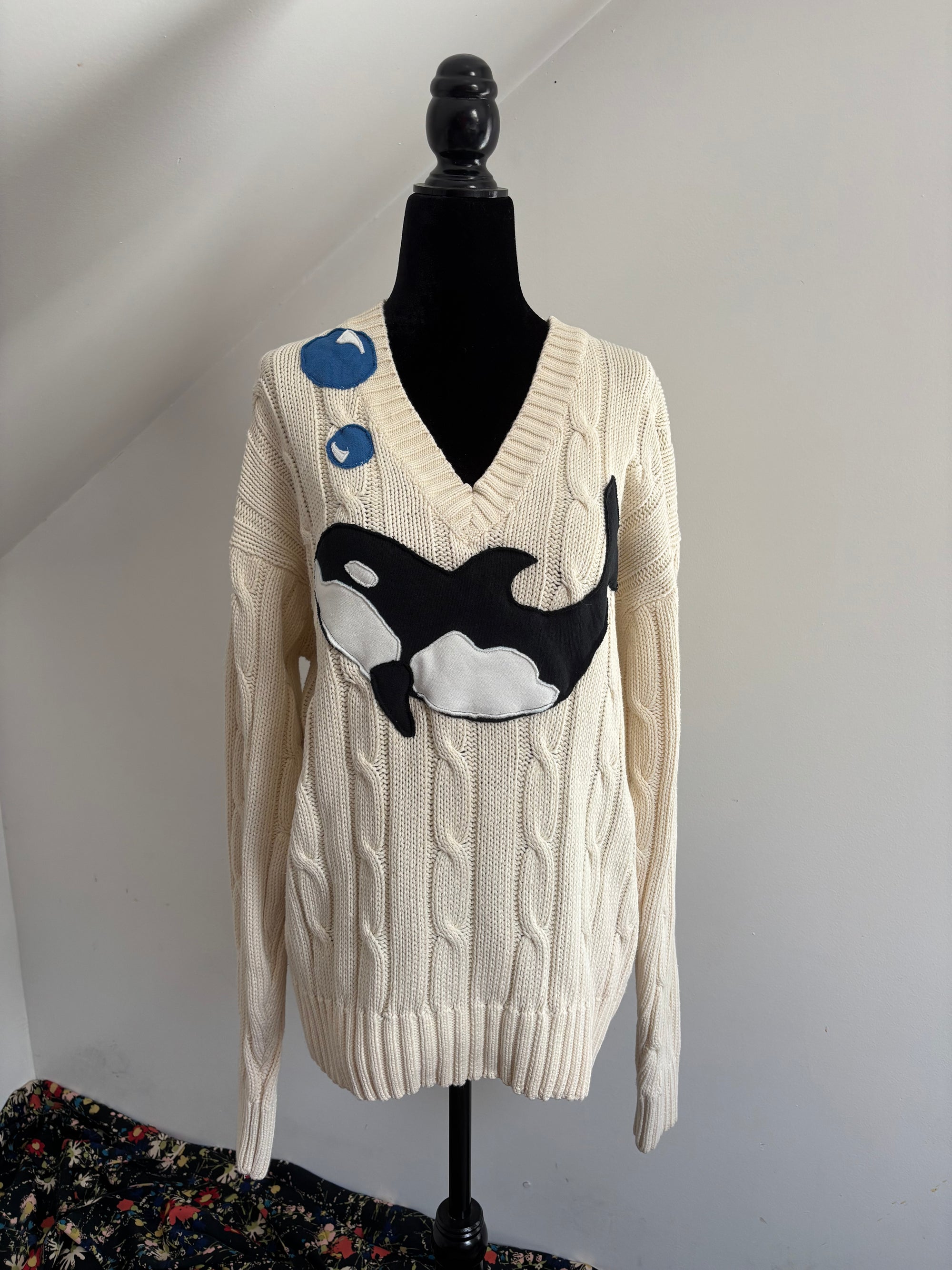 Oh, Whale! 1990s Eddie Bauer Cotton VNeck Sweater with Whale Motif - Membery x Revived & Reworked