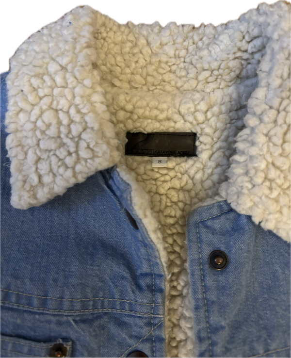 Yes Way, Crochet Denim and Shearling Jacket with Vintage Baby Blanket Sleeves