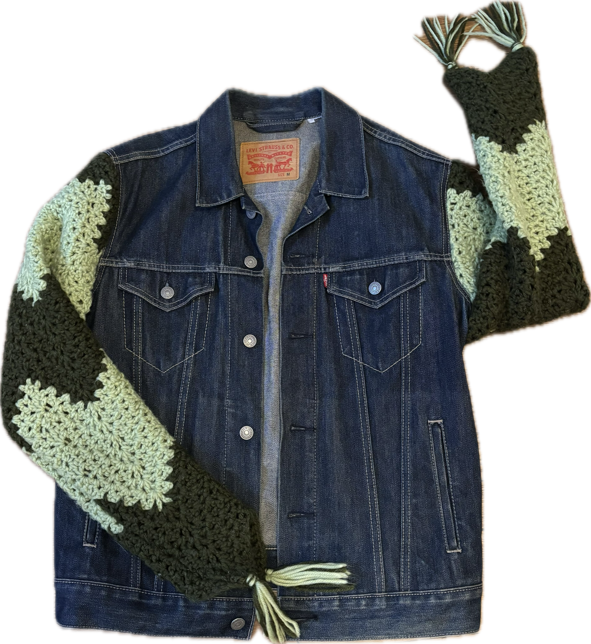 Yes Way, Crochet Denim Jacket with Green Chevron Print Sleeves