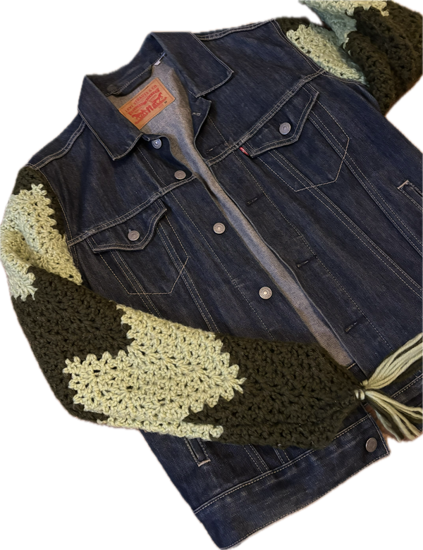 Yes Way, Crochet Denim Jacket with Green Chevron Print Sleeves