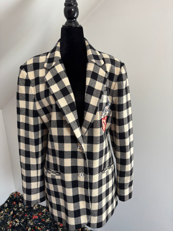 Houndstooth 1990s Blazer with Vintage Buttons Pins Patches
