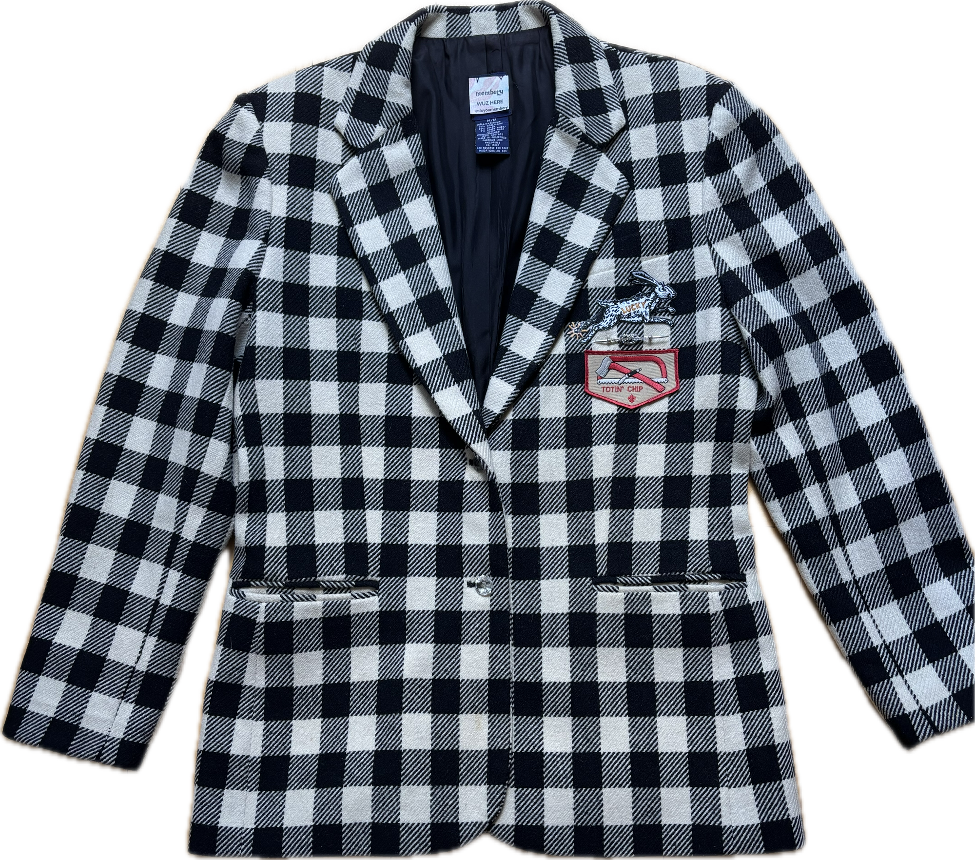 Houndstooth 1990s Blazer with Vintage Buttons Pins Patches