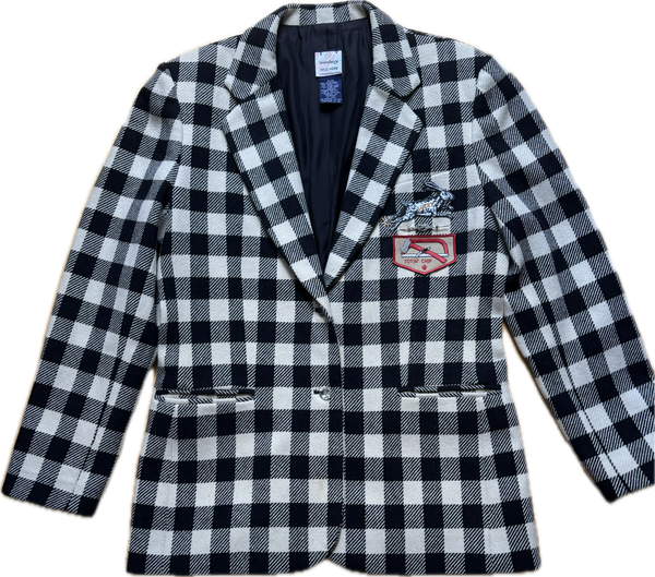Houndstooth 1990s Blazer with Vintage Buttons Pins Patches