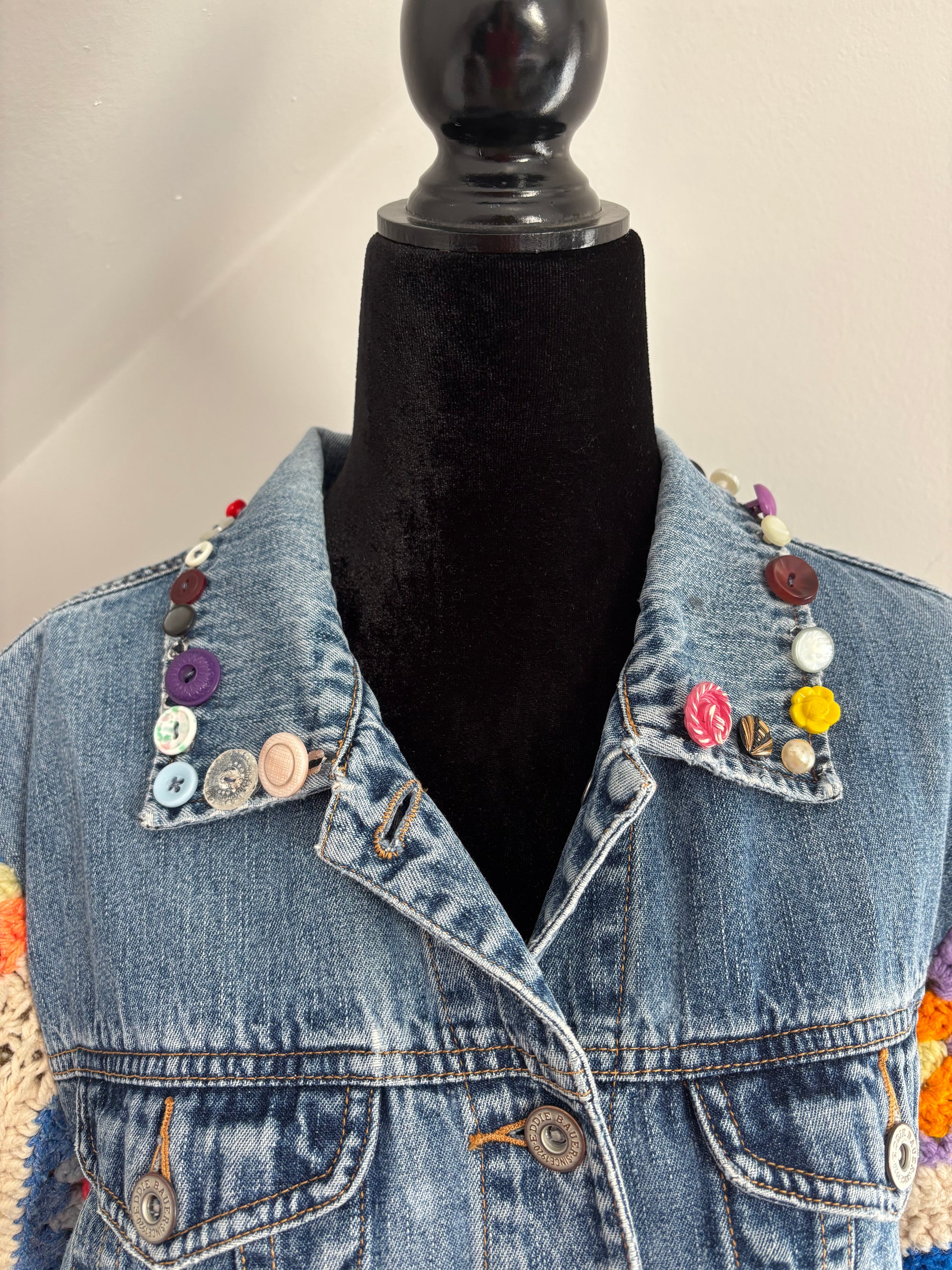 Yes Way, Crochet Denim Jacket in White with Vintage Button Collar