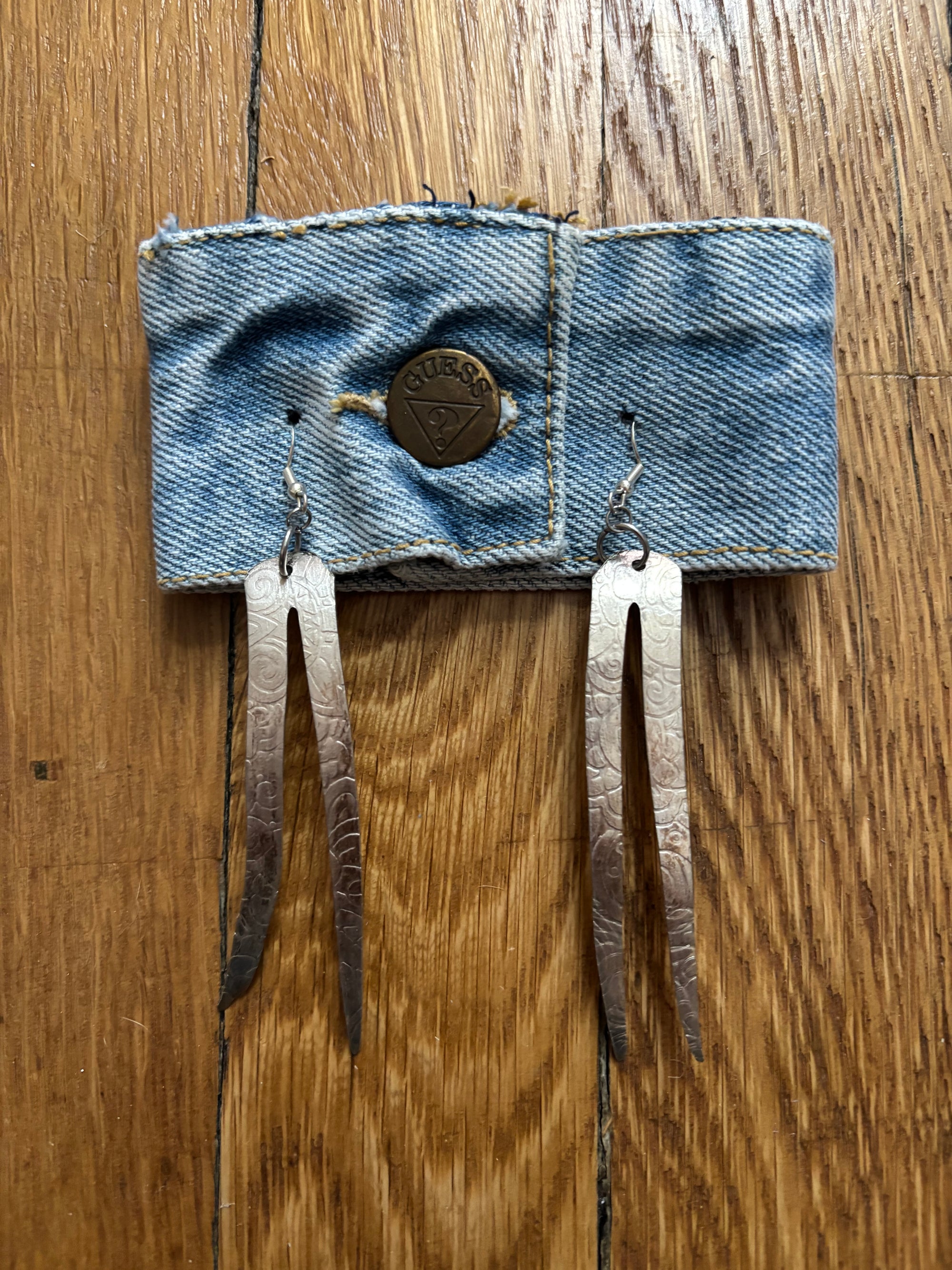 Long hammer printed fork tine earrings by New Plate, Who Dish?