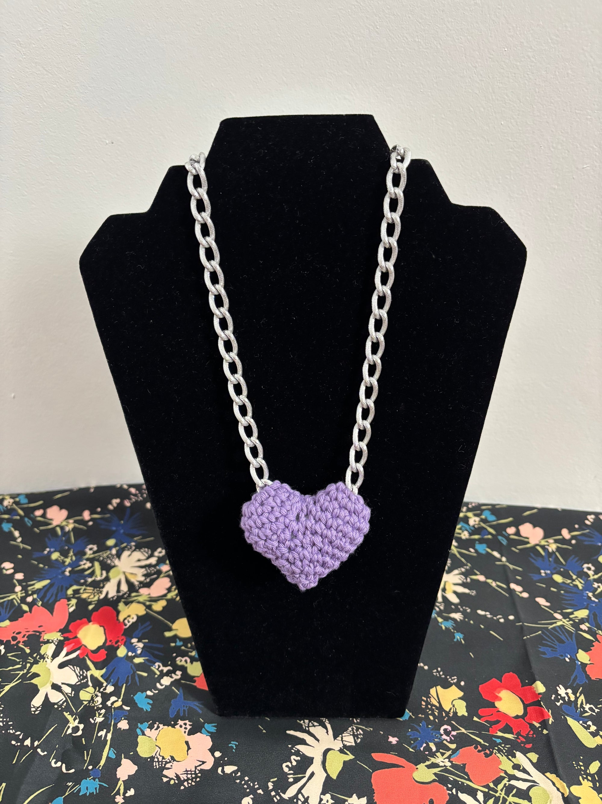Purple crochet heart necklace on upcycled chain link