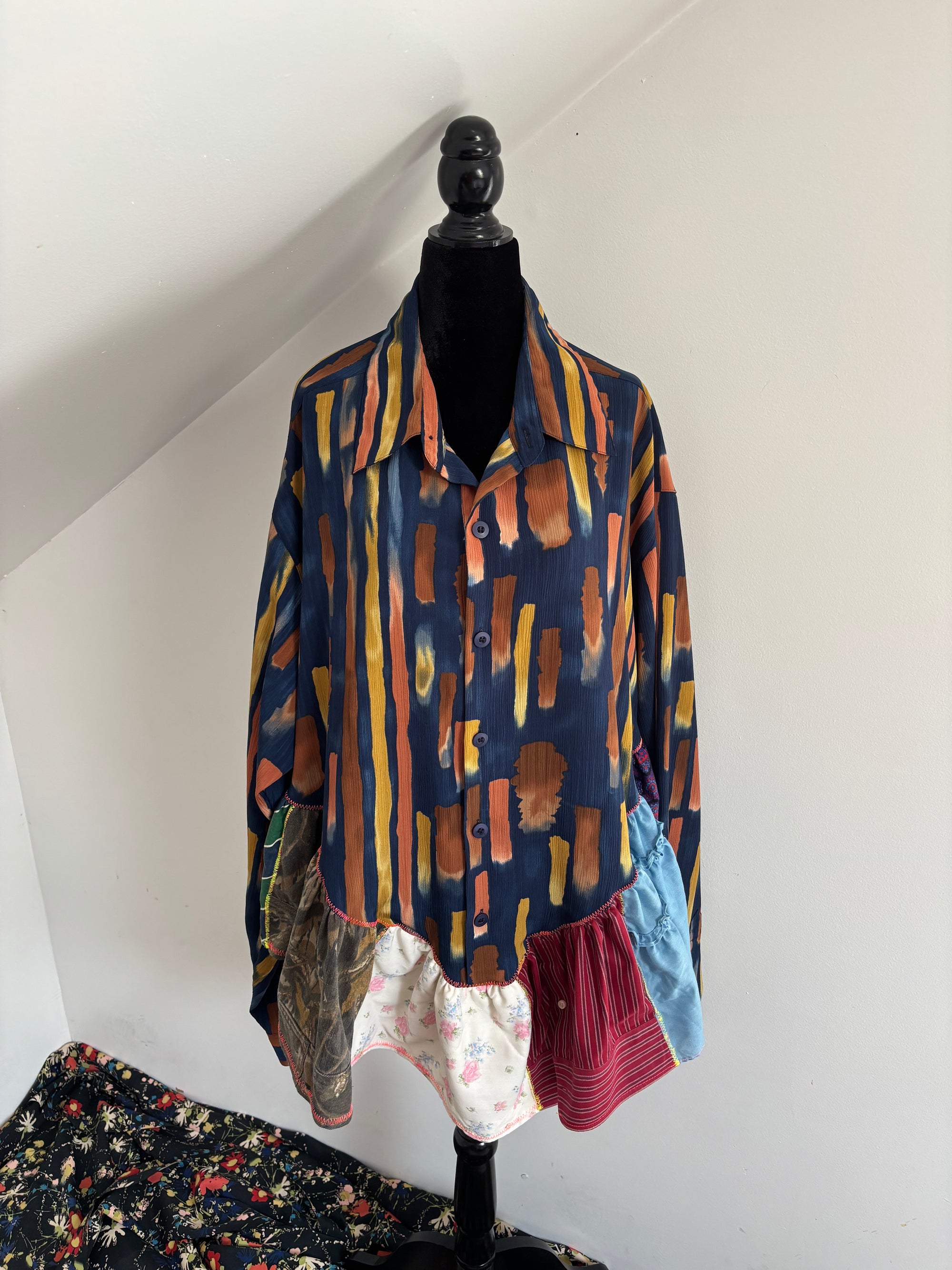 Navy Blue Stripes and Camo Trim Ruffle Top by Cassie's Shop