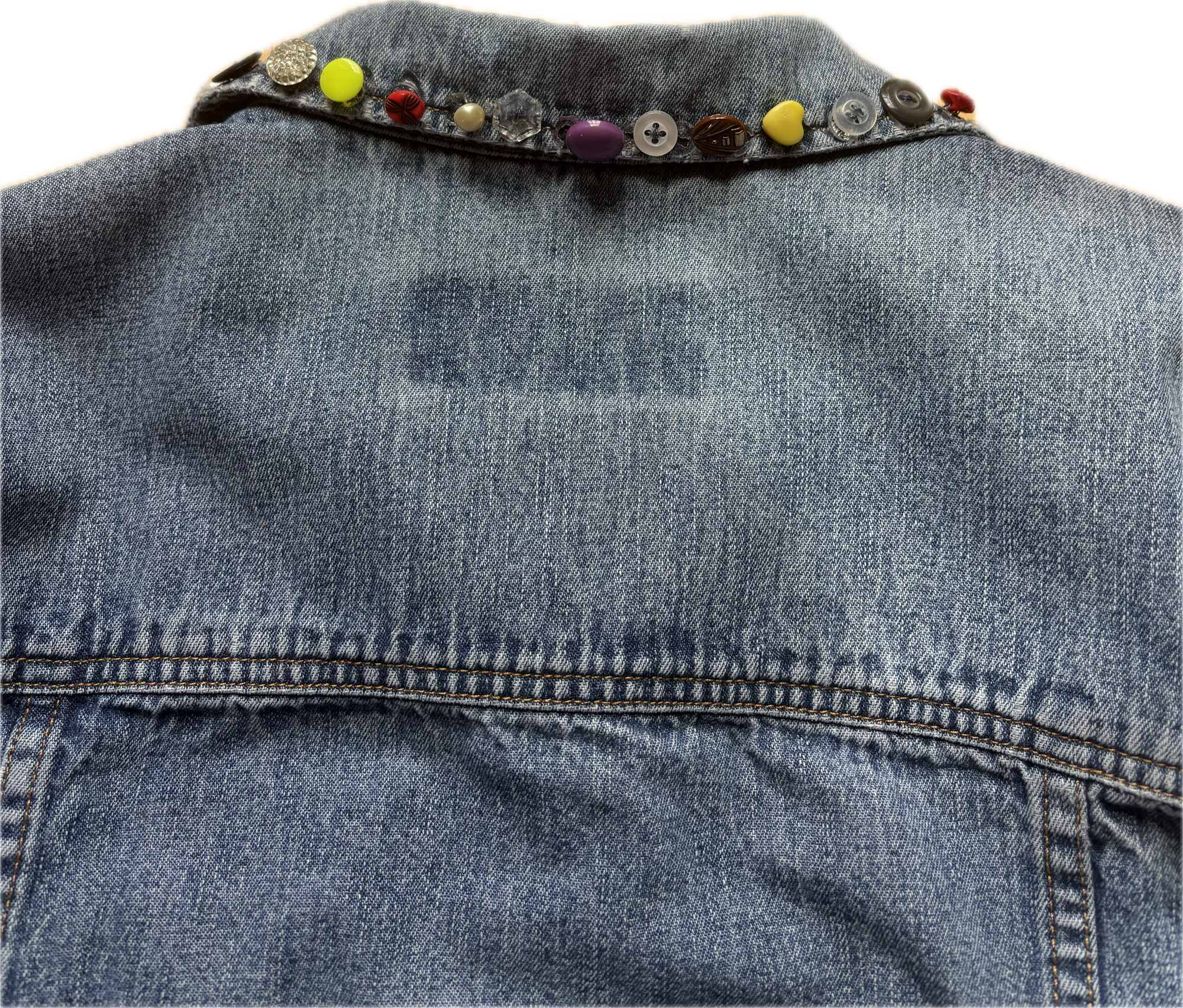 Yes Way, Crochet Denim Jacket in White with Vintage Button Collar