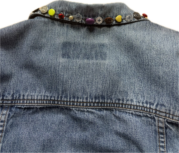 Yes Way, Crochet Denim Jacket in White with Vintage Button Collar