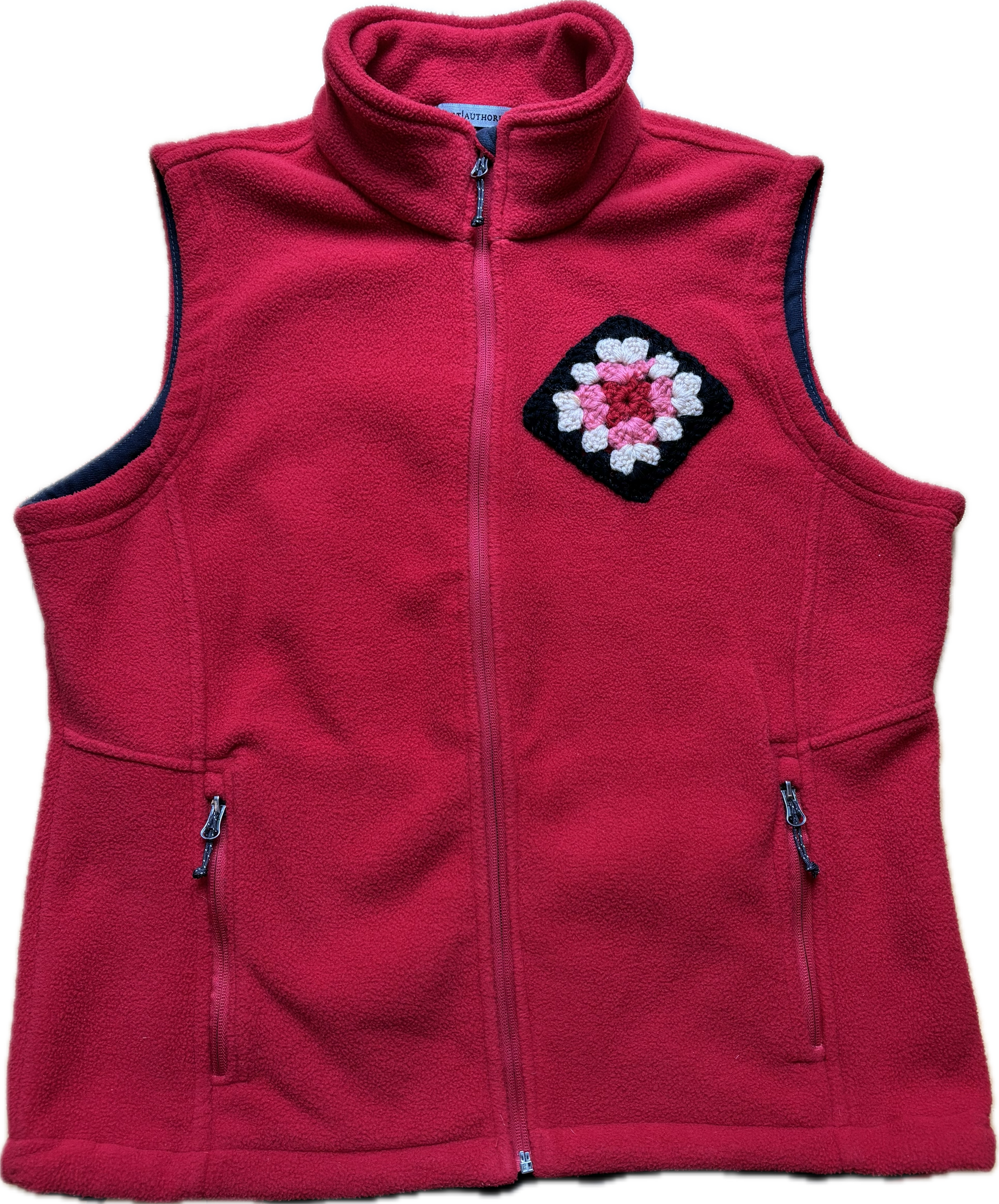 Microfeminism Corporate Vest in Red with Pink Crochet Square