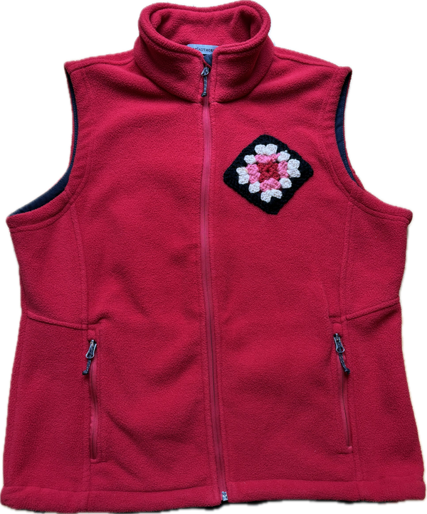 Microfeminism Corporate Vest in Red with Pink Crochet Square