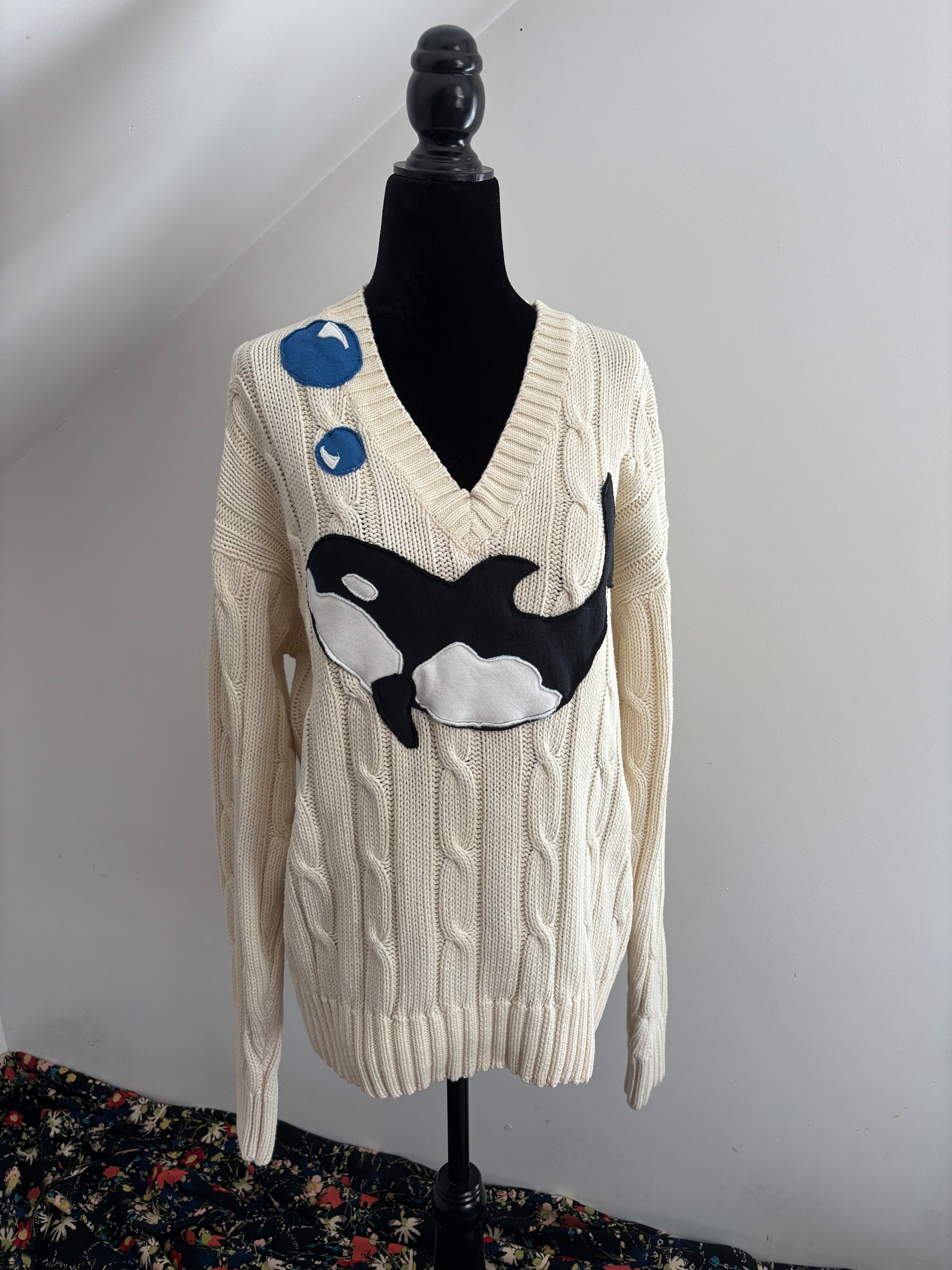 Oh, Whale! 1990s Eddie Bauer Cotton VNeck Sweater with Whale Motif - Membery x Revived & Reworked
