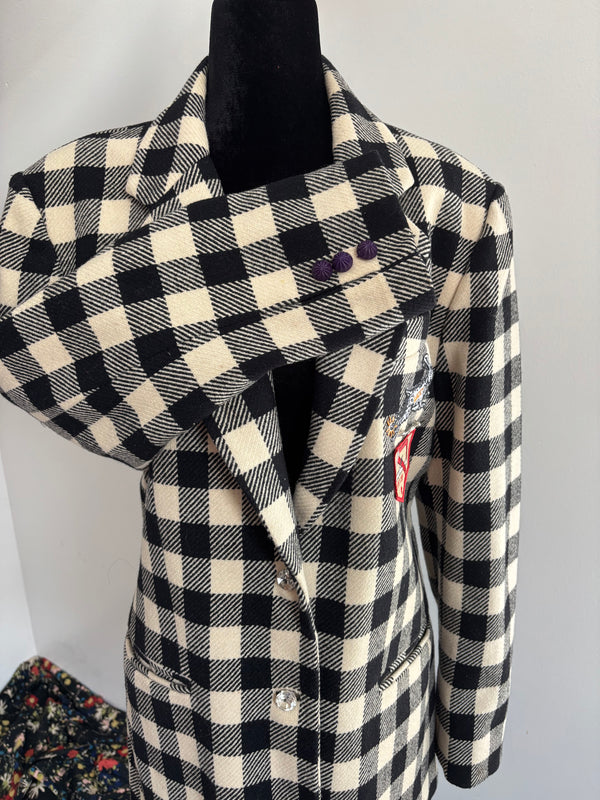 Houndstooth 1990s Blazer with Vintage Buttons Pins Patches