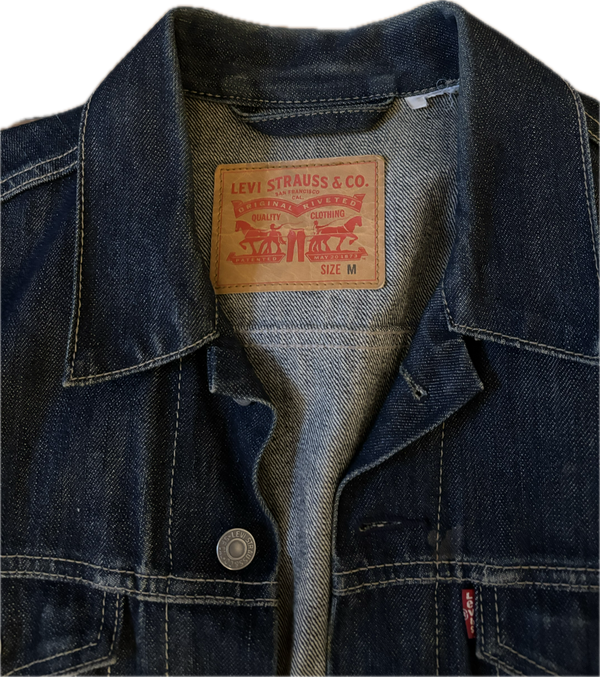 Yes Way, Crochet Denim Jacket with Green Chevron Print Sleeves