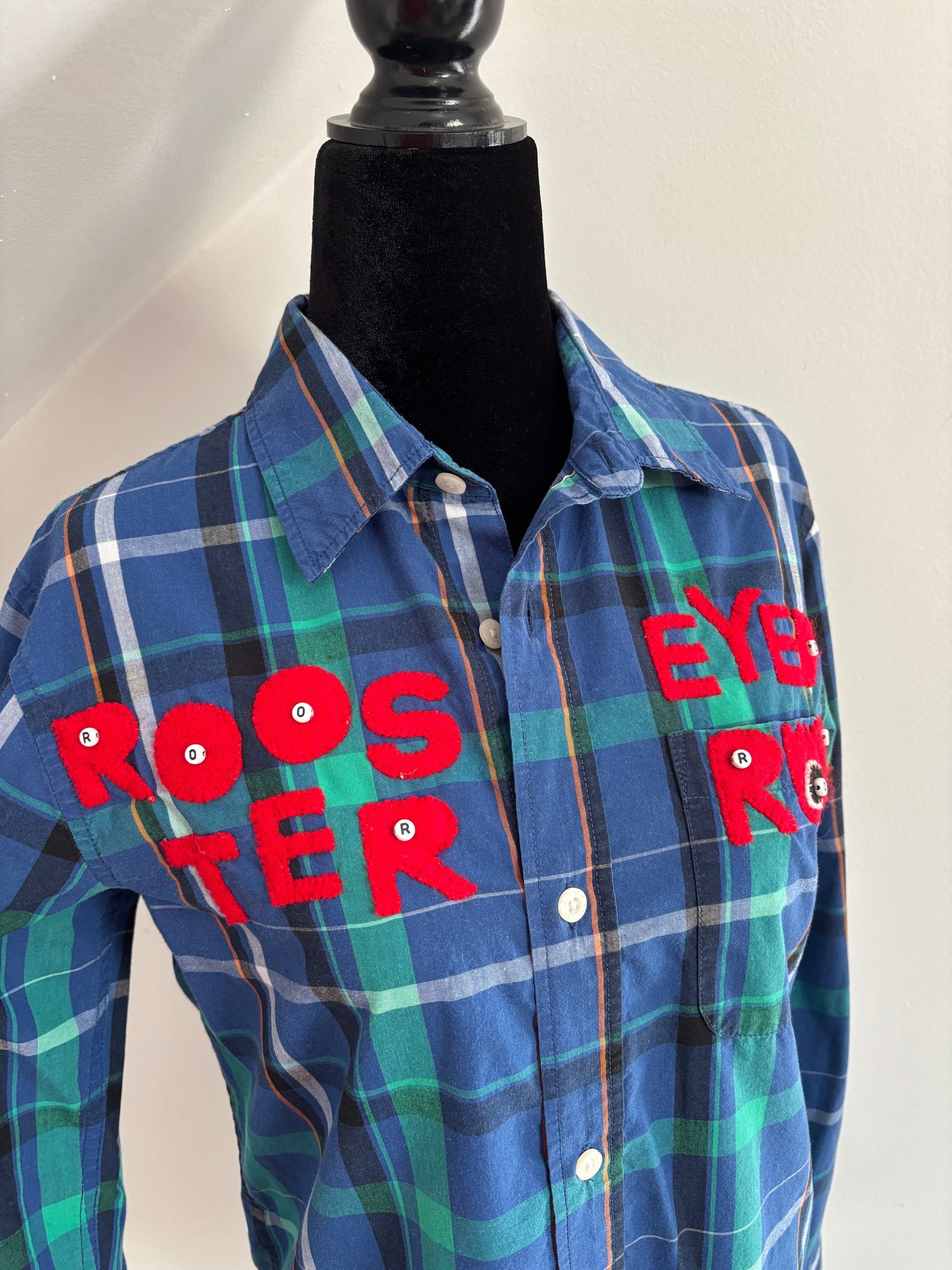 Blue and Green Plaid Rooster Eyed Rob Bear Shirt by Cat Singh