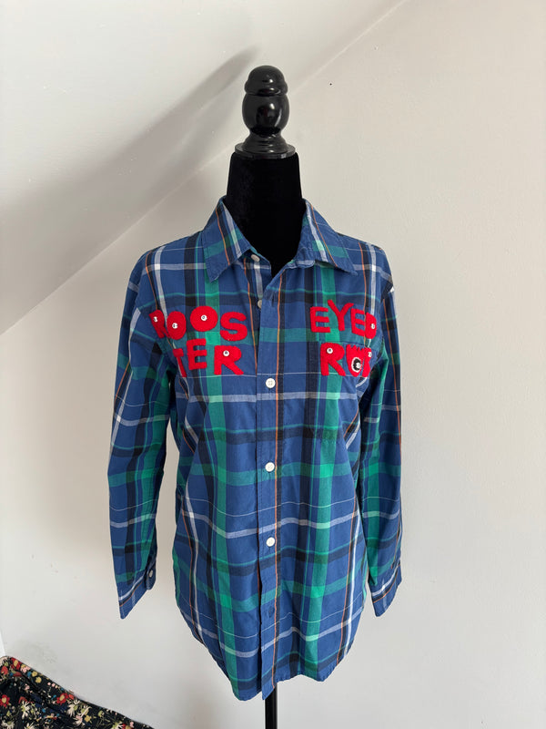 Blue and Green Plaid Rooster Eyed Rob Bear Shirt by Cat Singh