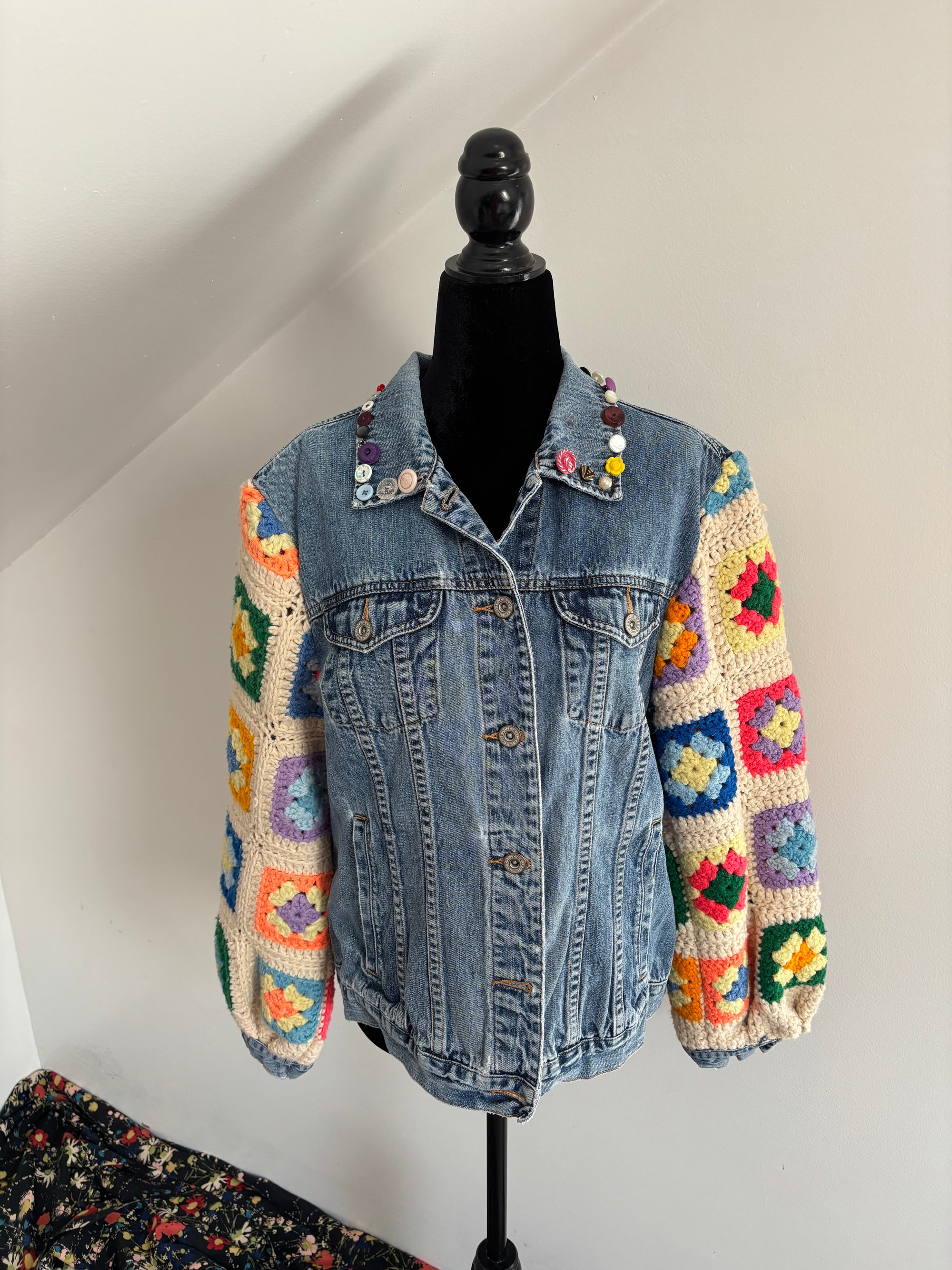 Yes Way, Crochet Denim Jacket in White with Vintage Button Collar