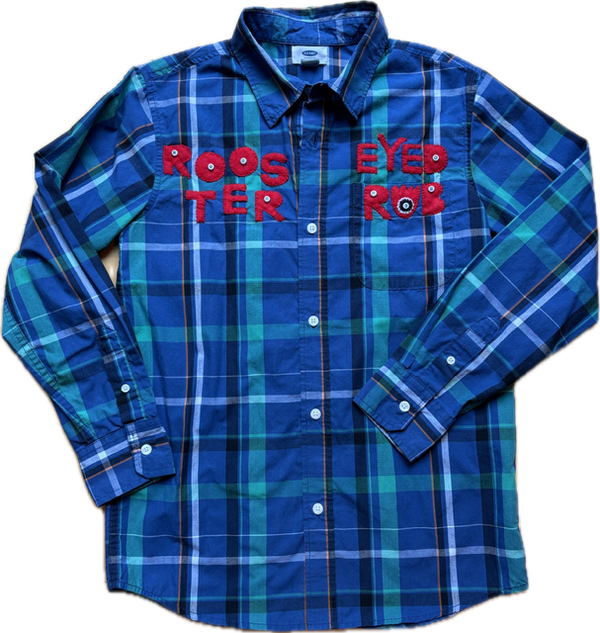 Blue and Green Plaid Rooster Eyed Rob Bear Shirt by Cat Singh
