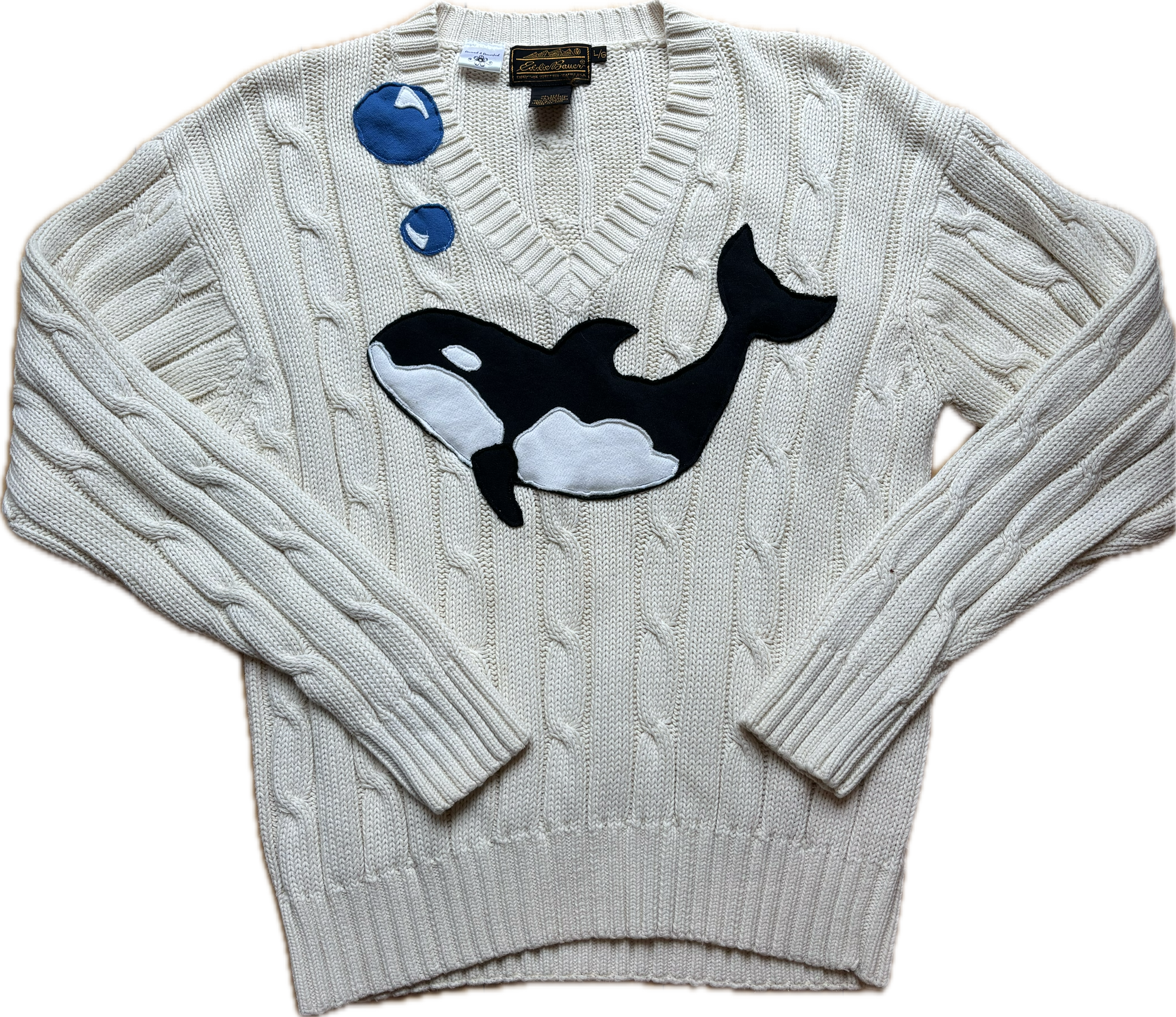 Oh, Whale! 1990s Eddie Bauer Cotton VNeck Sweater with Whale Motif - Membery x Revived & Reworked