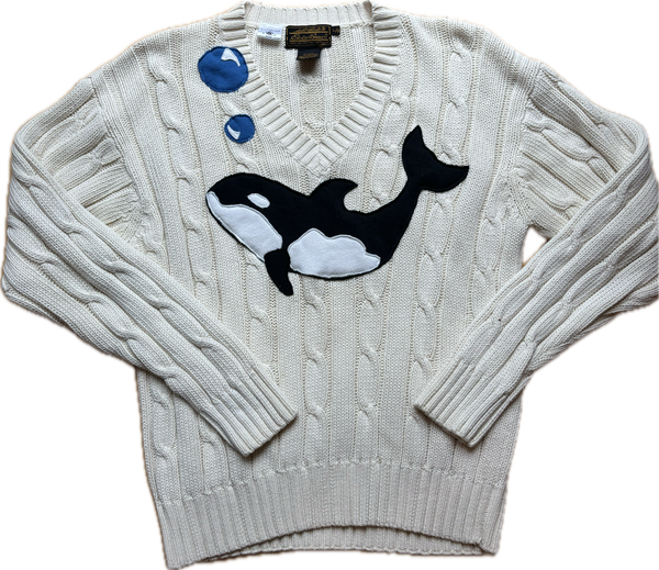 Oh, Whale! 1990s Eddie Bauer Cotton VNeck Sweater with Whale Motif - Membery x Revived & Reworked