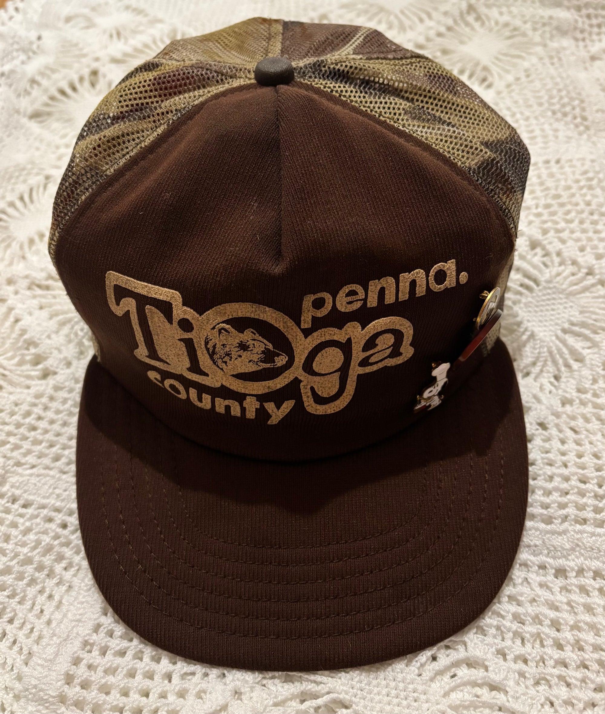 Revamped Vintage Camo Trucker Hat with Vintage Pins