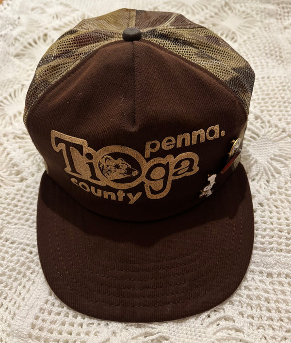 Revamped Vintage Camo Trucker Hat with Vintage Pins