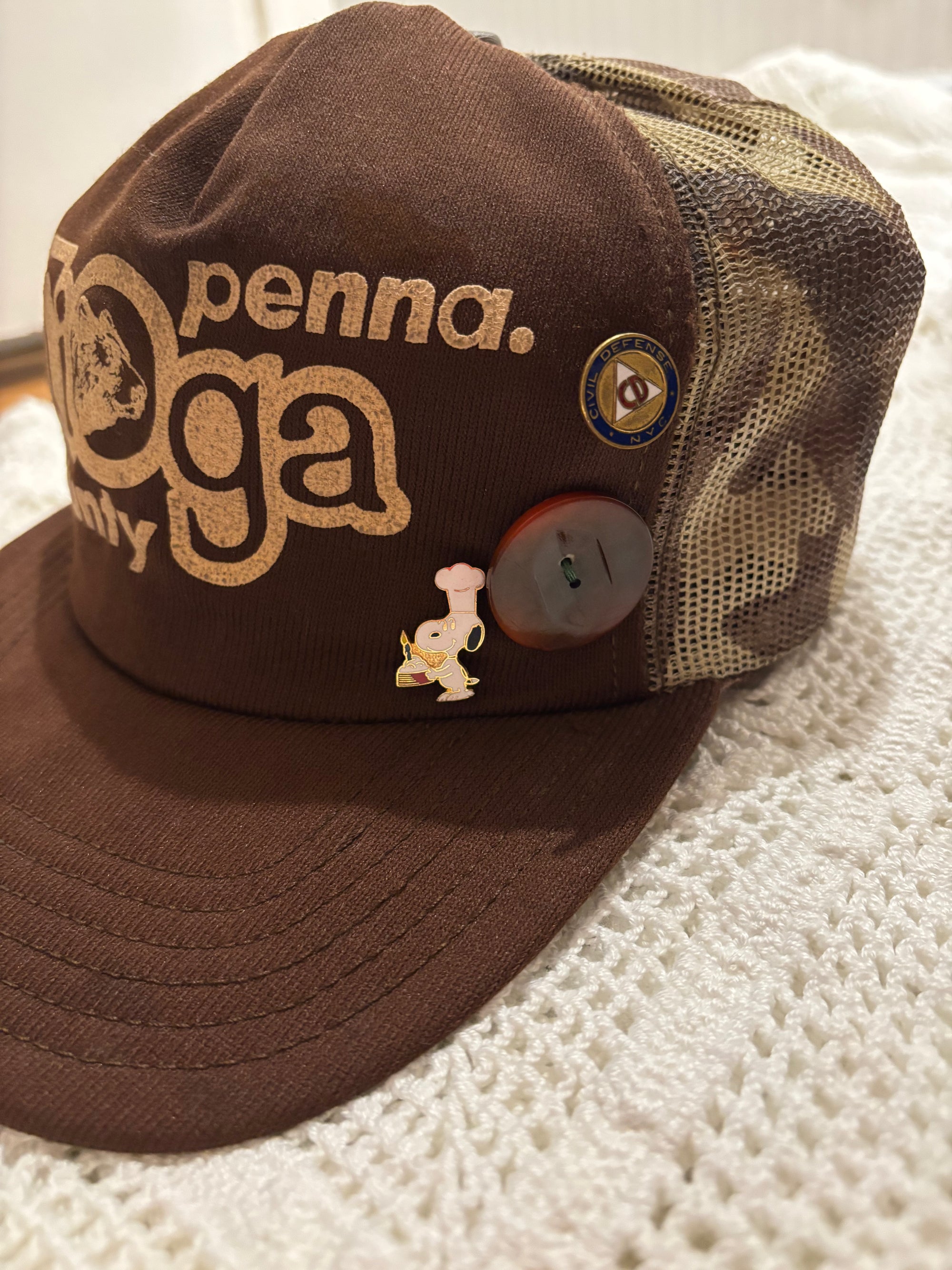 Revamped Vintage Camo Trucker Hat with Vintage Pins