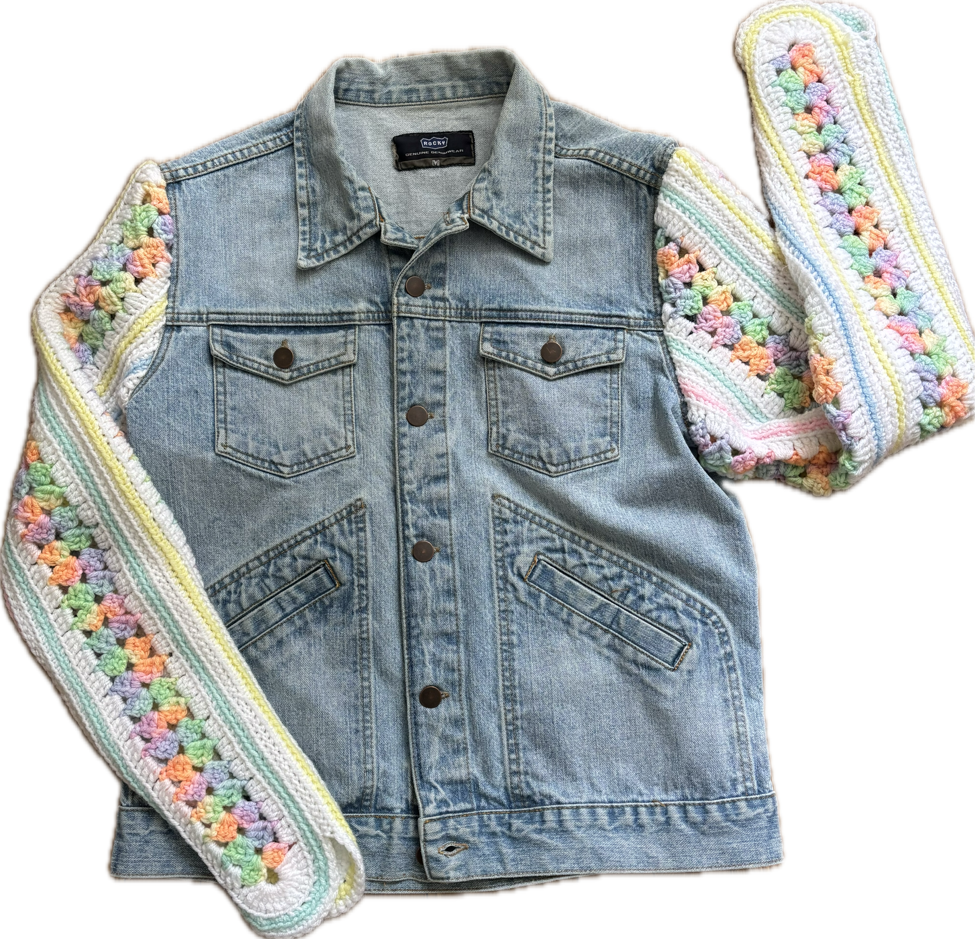 Yes Way, Crochet Denim Jacket with Scalloped Vintage Baby Blanket