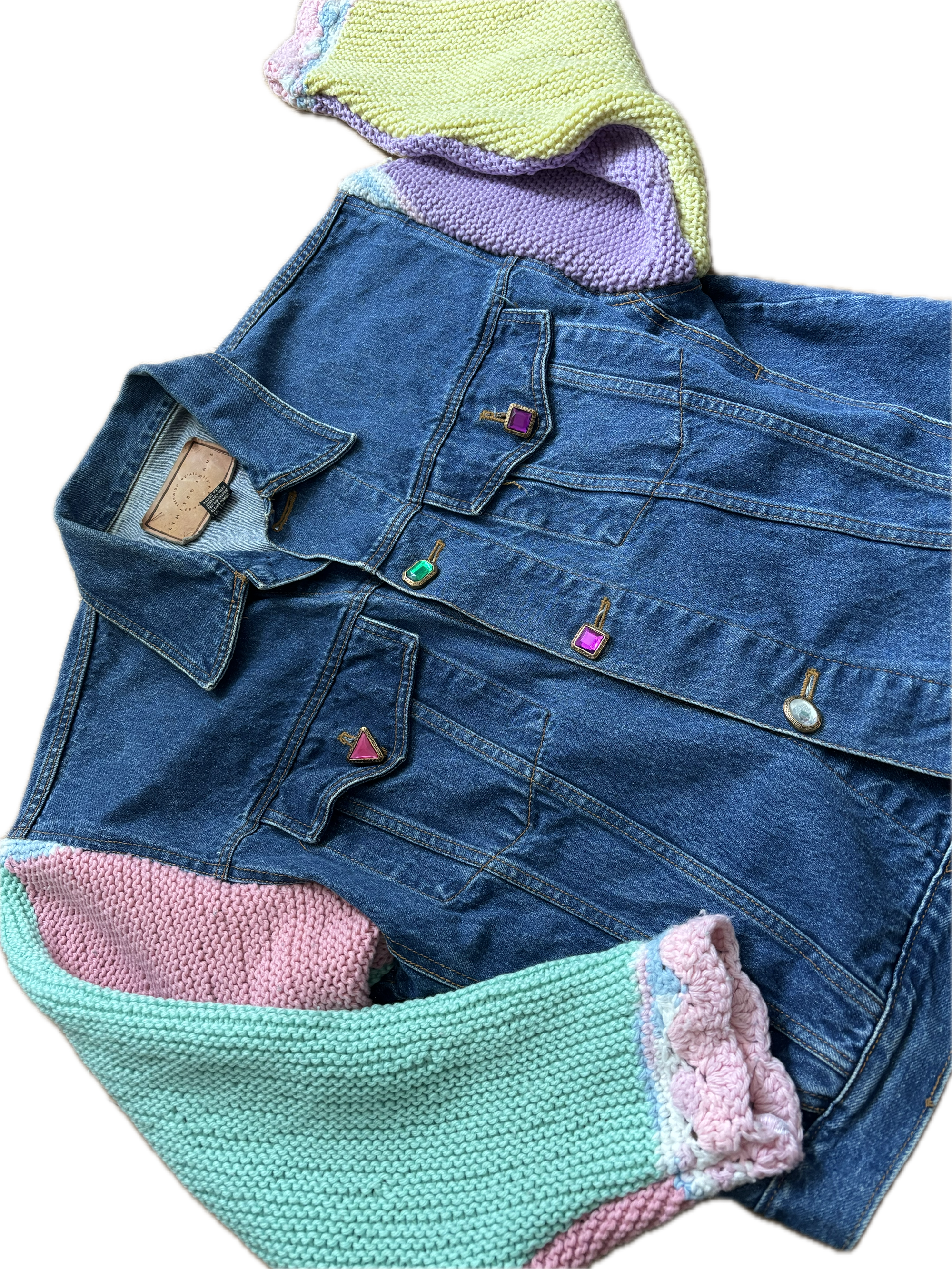 Yes Way, Crochet Vintage 1980s Jacket with Multi-colored Crochet Blanket Sleeves
