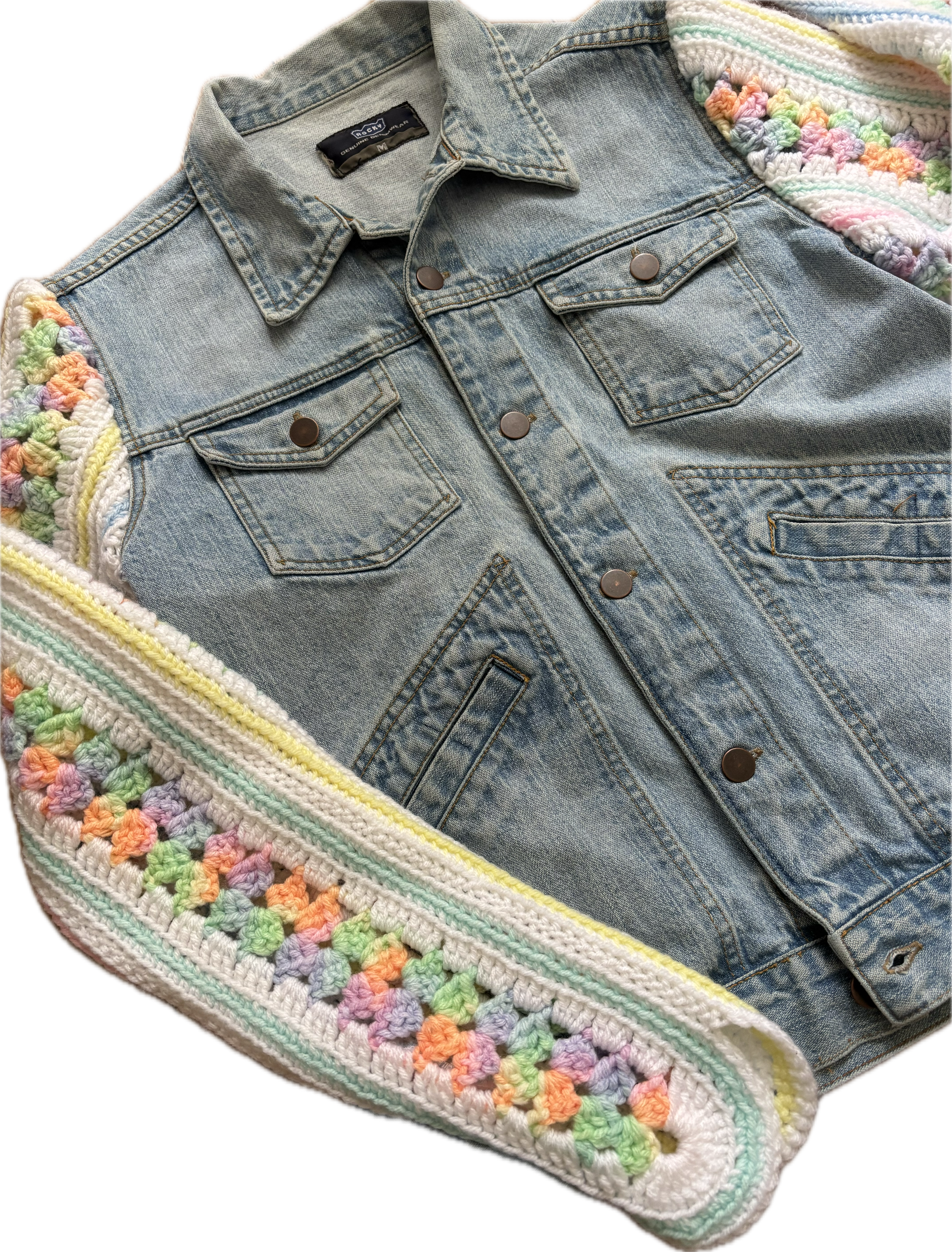 Yes Way, Crochet Denim Jacket with Scalloped Vintage Baby Blanket
