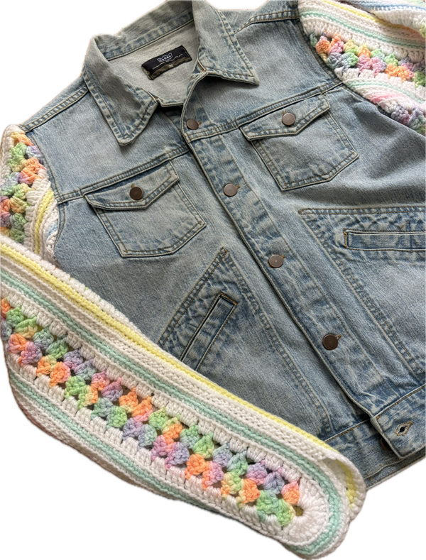 Yes Way, Crochet Denim Jacket with Scalloped Vintage Baby Blanket