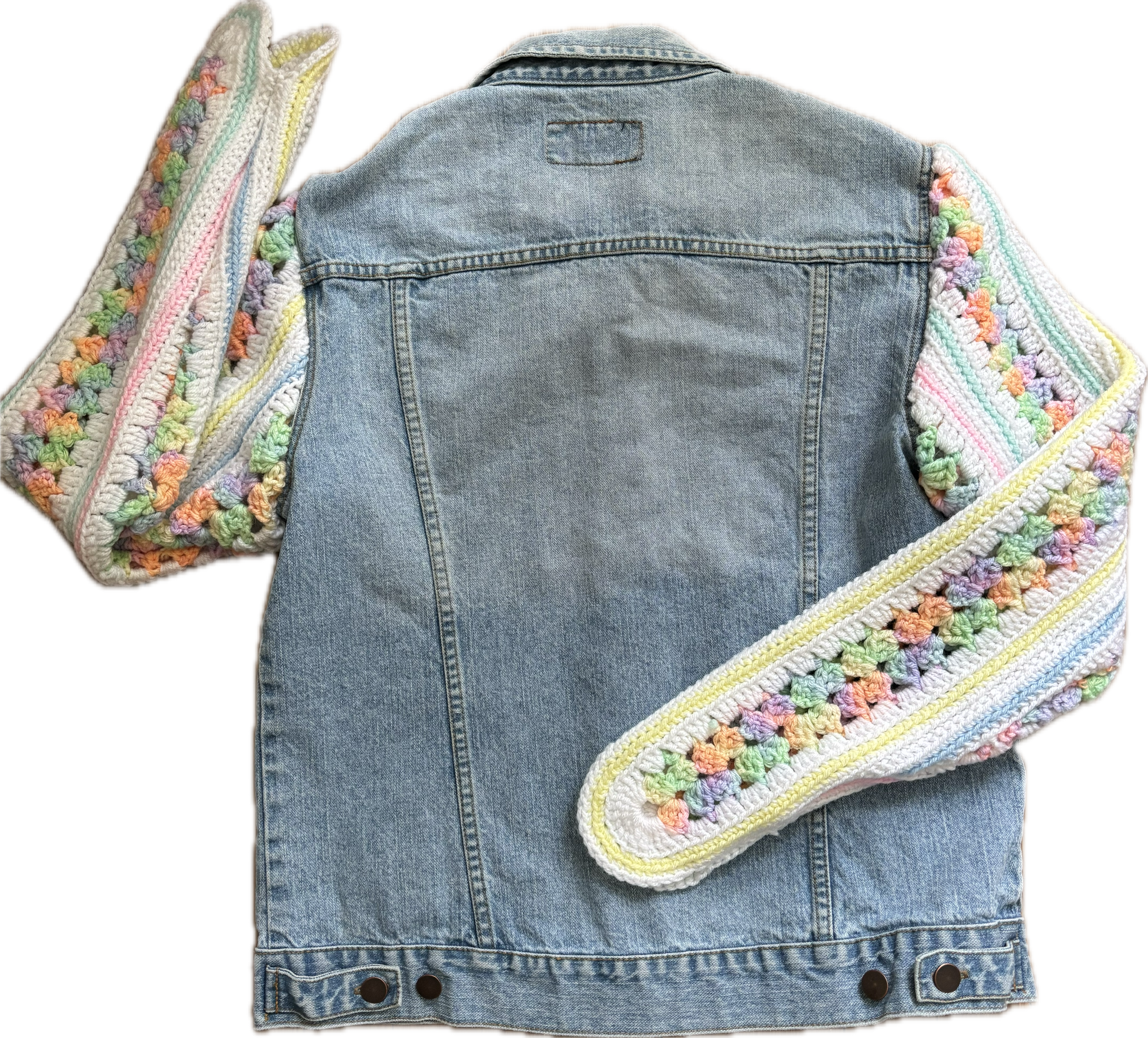 Yes Way, Crochet Denim Jacket with Scalloped Vintage Baby Blanket