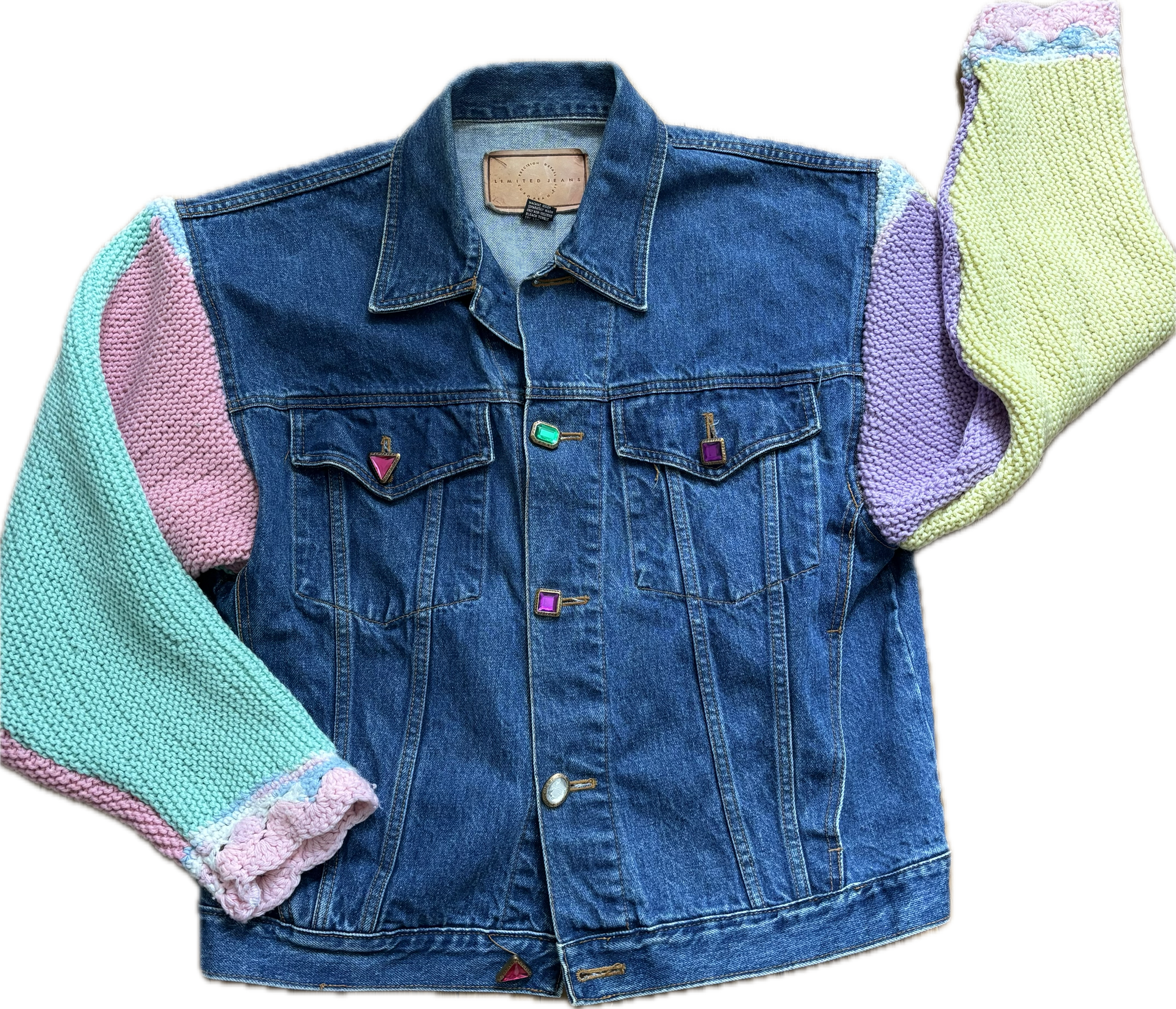 Yes Way, Crochet Vintage 1980s Jacket with Multi-colored Crochet Blanket Sleeves